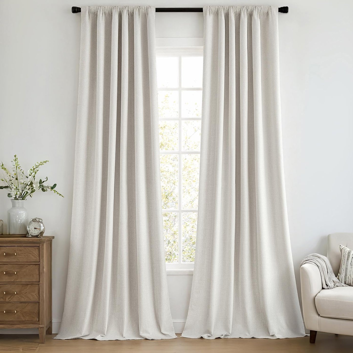 MIULEE 100% Blackout Curtains 96 Inch Long 2 Panels Set for Bedroom, Thick Faux Linen Black Out Curtain Room Darkening Back Tab Pleat Window Textured Drapes with Hooks for Living Room, Light Beige