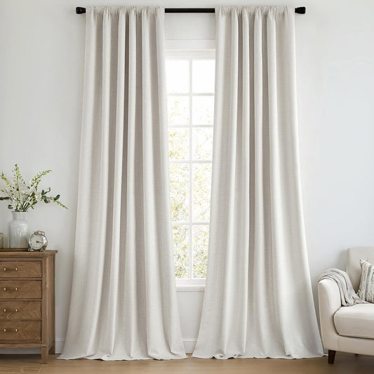 MIULEE 100% Blackout Curtains 108 Inch Long 2 Panels Set for Bedroom, Thick Faux Linen Black Out Curtain Room Darkening Back Tab Pleat Window Textured Drapes with Hooks for Living Room, Light Beige