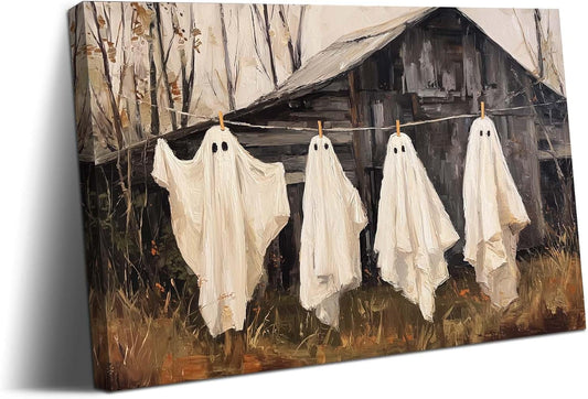 Laoife Halloween Canvas Wall Art, Vintage Spooky Creepy Spooky Ghost Laundry Prints, Farmhouse Gothic Wall Decoration, Dark Academia Halloween Party House Decoration (Ghost 3)