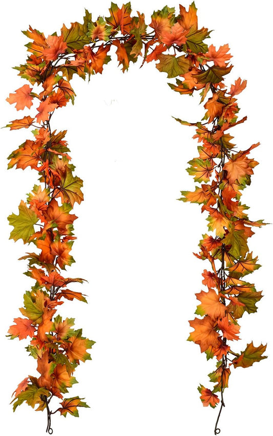 2 Pack Fall Maple Leaf Garland Clearance - 6.5ft/Piece Artificial Foliage Garland Autumn Hanging Fall Leave Vines for Indoor Outdoor Wedding Thanksgiving Dinner Party Decor
