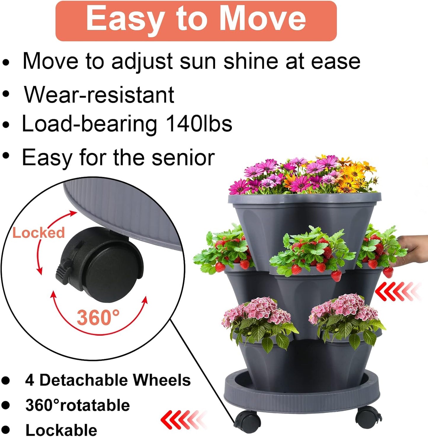 DUNCHATY Stackable Planter, Vertical Garden Planter with Wheels and Tools, Self Watering Strawberry Planter Indoor/Outdoor 3 Tier Herb Planter Pots for Growing Vegetables and Succulents, Dark Gray