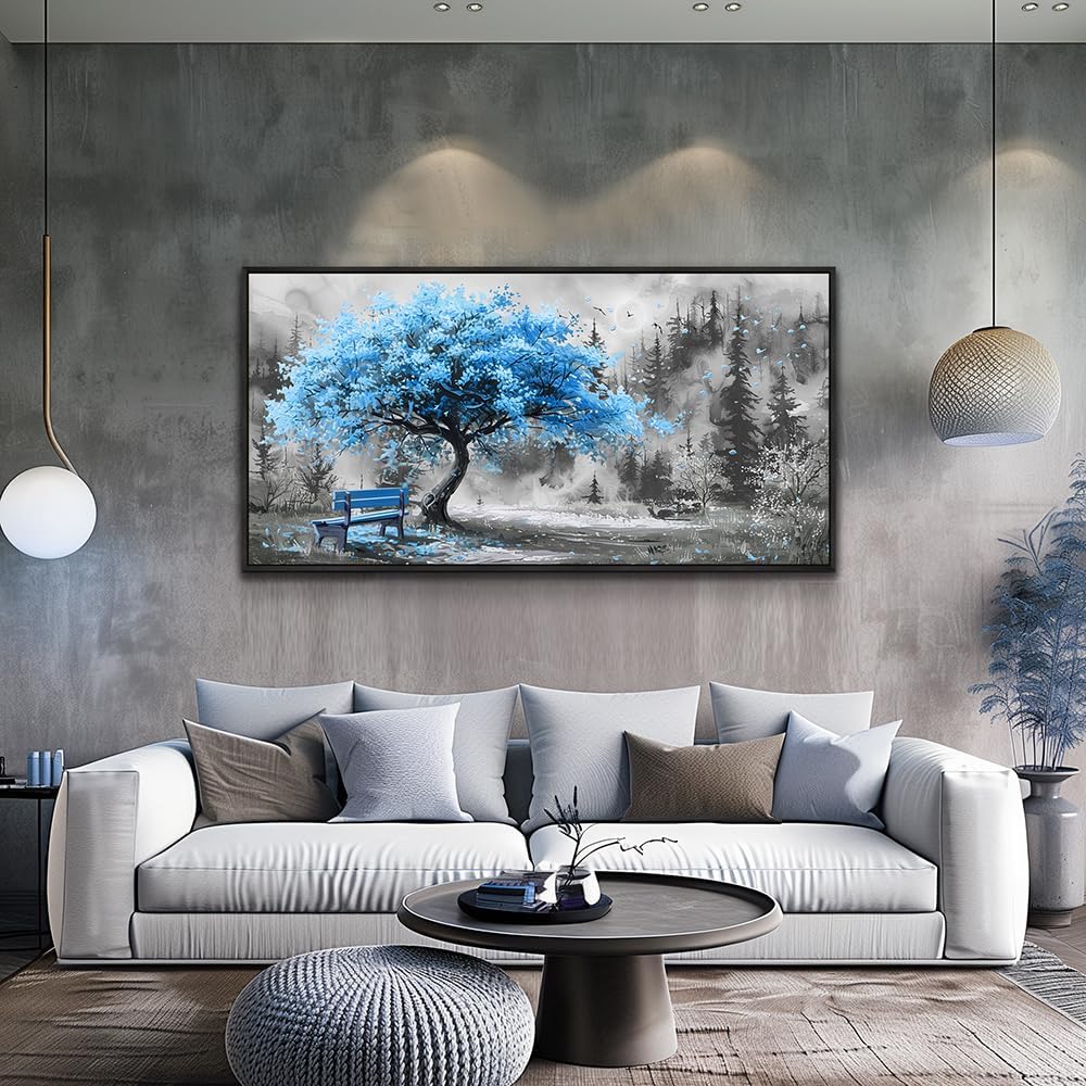 ZUITINGHUA Large Black Framed Wall Decor For Living Room Canvas Wall Art For Office Modern Wall Decorations For Bedroom Blue Tree Landscape Paintings Black And White Pictures Home Decor 24x48 In