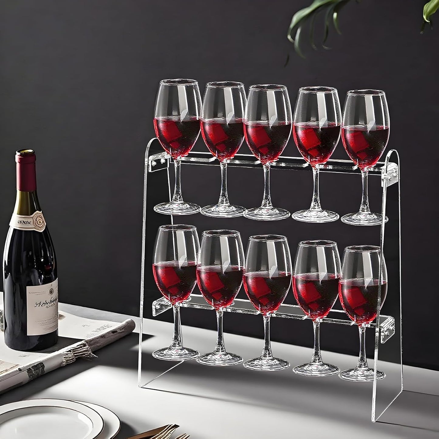 Tosnail 2-Tier Champagne Flute Glass Holder Stand, 10 Slots Champagne Flute Tabletop Stemware Hanging Display Rack for Party, Fits Up to 9 Inch Glasses