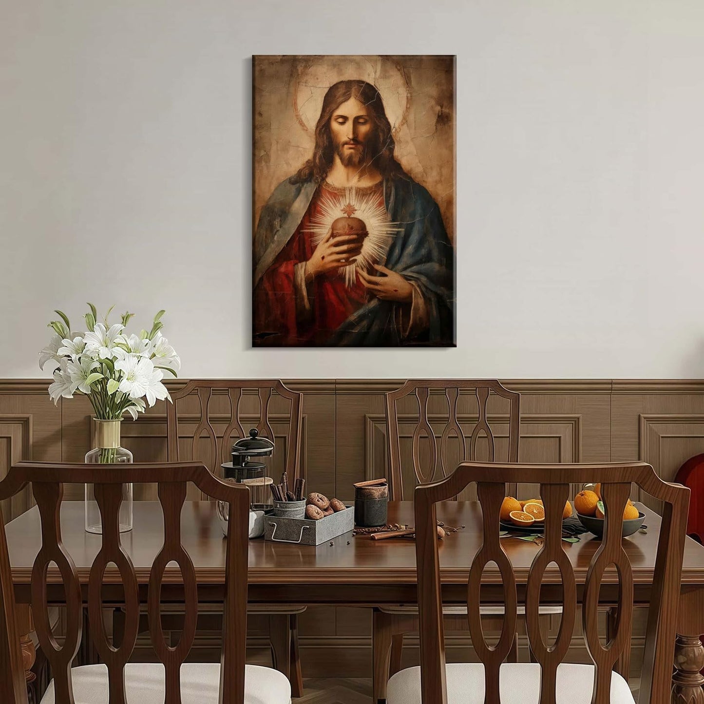 Framed Jesus Sacred Heart Canvas Painting Wall Art Christian Religious Poster Inspirational Bible Art Gallery Style Print for Bedroom Church Home Decor 12X16 Inch Ready to Hang