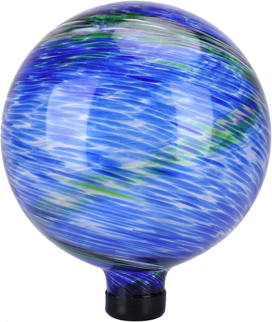VCUTEKA Glass Outdoor Gazing Globe, Blue and Green Hand Painted Swirled Sphere for Patio Garden Gazing Ball Yard Ornament, 10 Inch