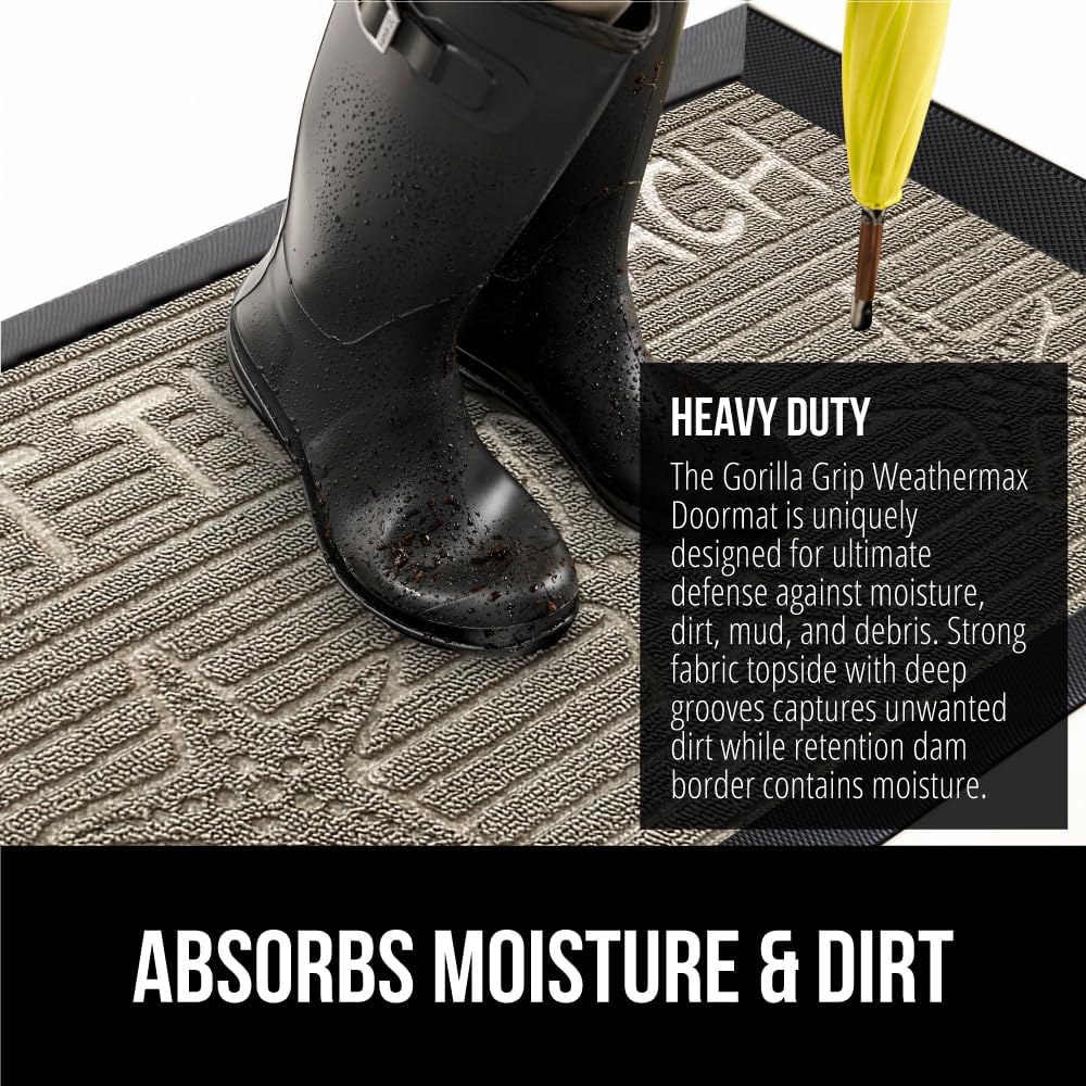 GORILLA GRIP 100% Waterproof All-Season WeatherMax Doormat 35x23, US Designed Natural Rubber, Stain and Fade Resistant, Low Profile Indoor Outdoor Door Mats, Easy Clean Patio Mat, Sand Beach