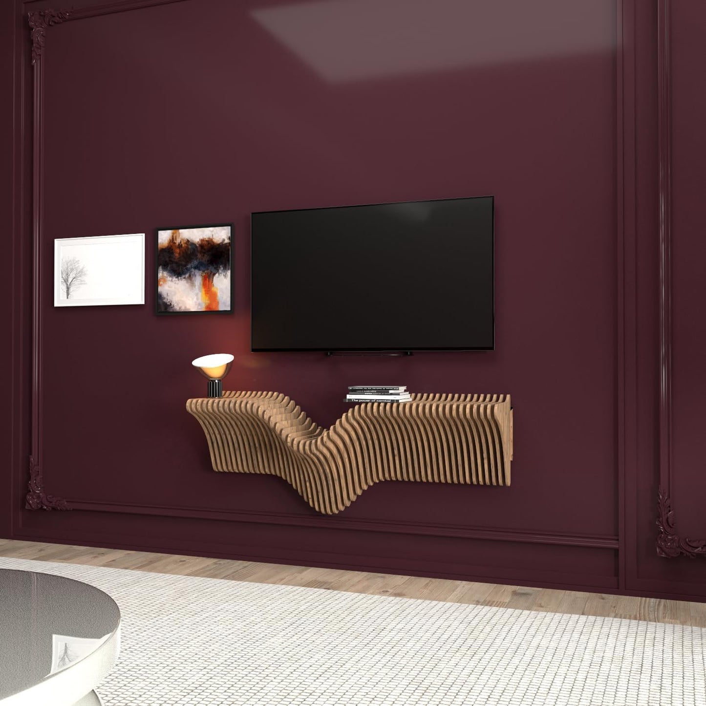 Parametrics 40 inch Floating Shelf TV Unit Modern Geometric Wooden Wall Piece Decor Natural Oak Color 3D Wavy Living and Gaming Room Shelf