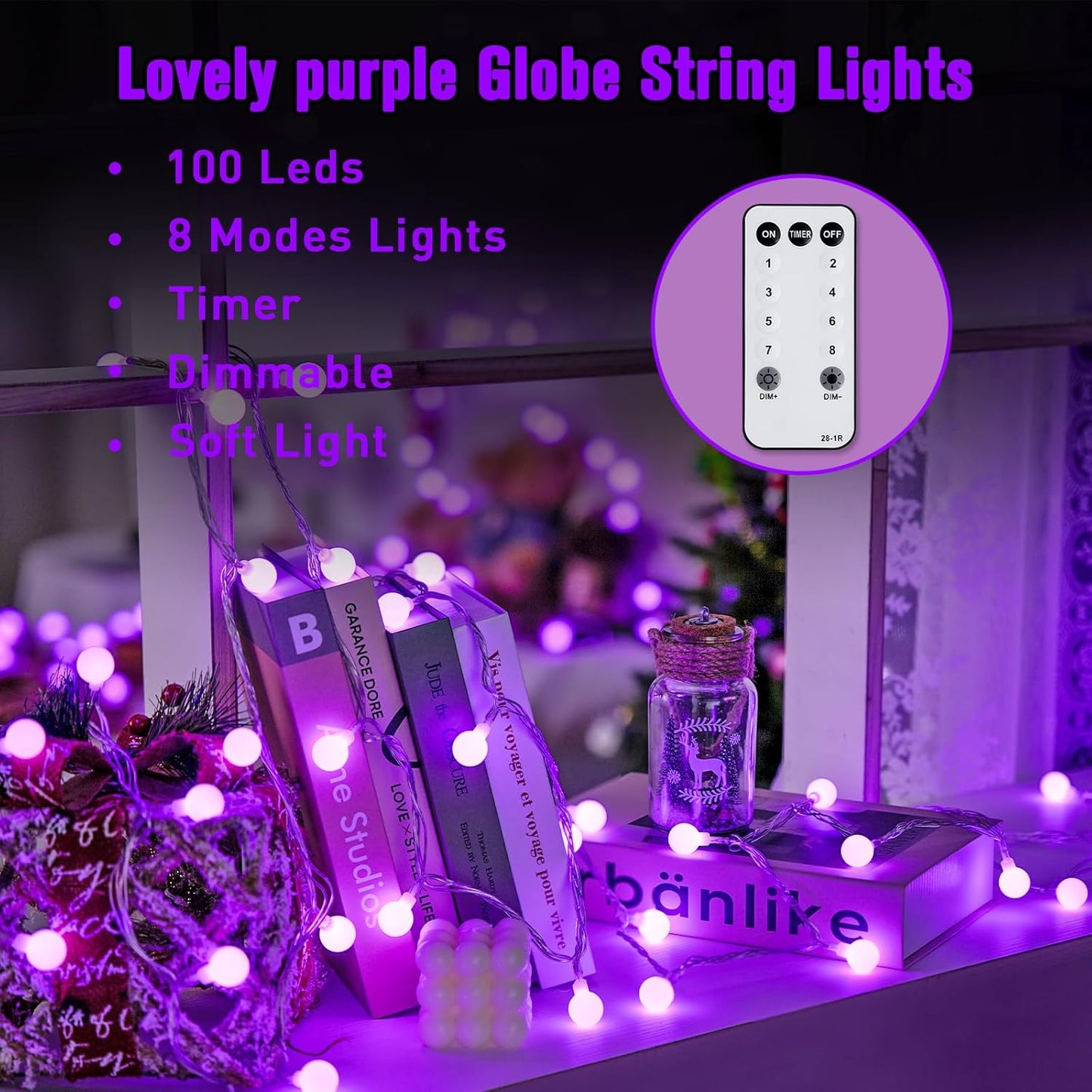 JMEXSUSS Purple Halloween Lights Indoor, Connectable 100 LED Globe String Lights Plug in with Remote, 33ft 8 Modes Purple String Lights Outdoor for Bedroom Room Party Halloween Decor