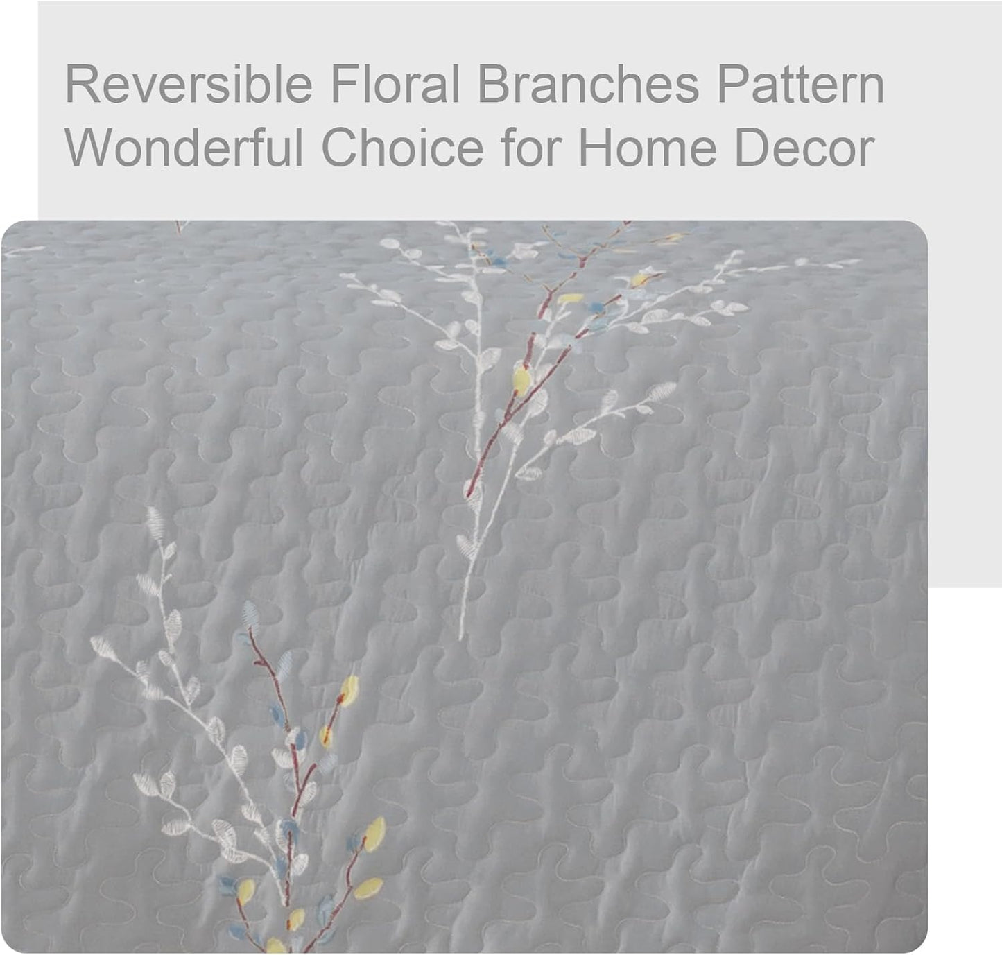 Exclusivo Mezcla Reversible Boho Quilt Set King Size, 3 Pieces Flowers Grey All Season Bedspreads, Ultra Soft Floral Coverlet Bedding Set with Printed Pattern (1 Quilt, 2 Pillow Shams)