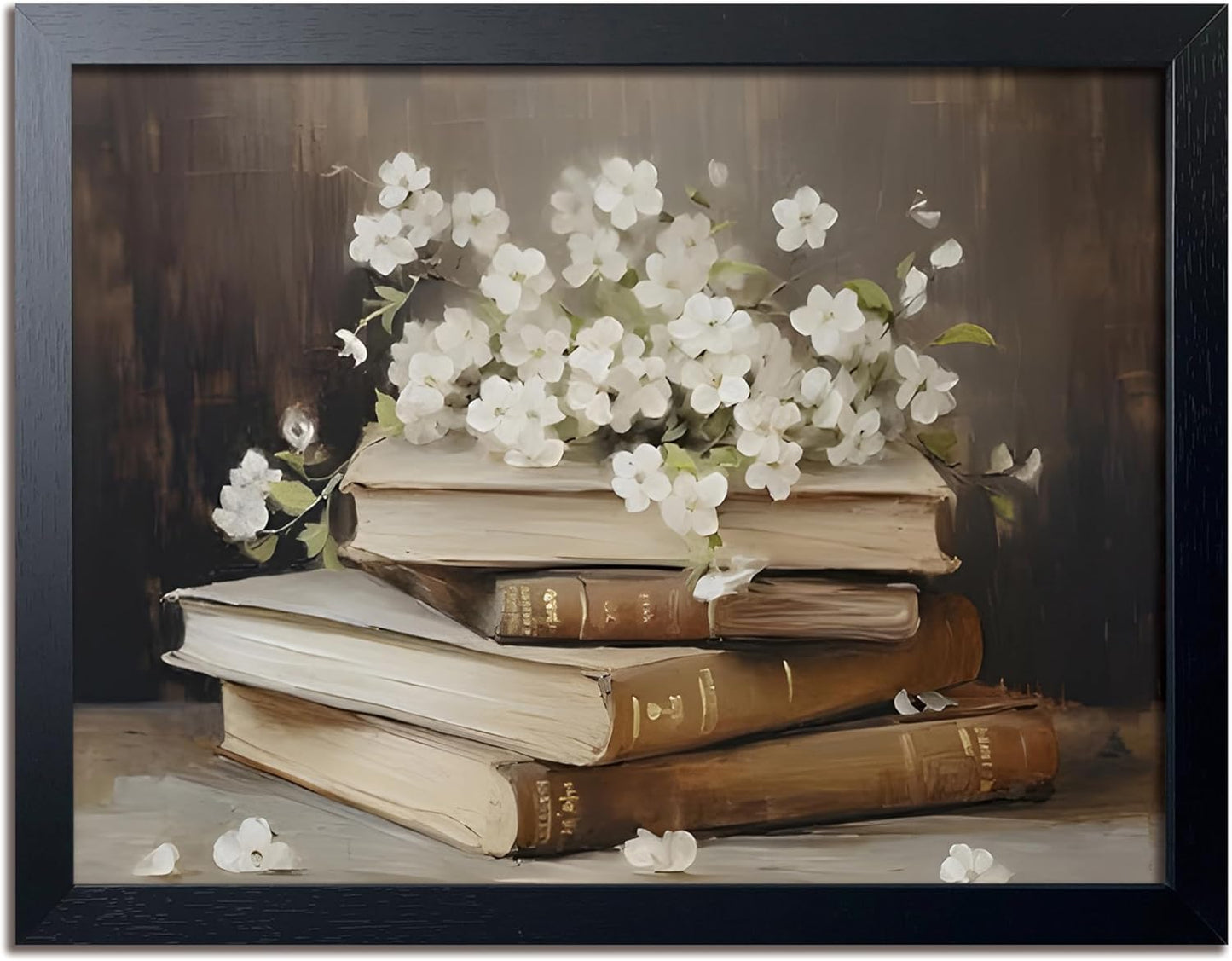 Wood Framed Canvas Poster Print Wall Art, Vintage Floral Book Wall Decor Oil Painting, Dark Academia Room Aesthetics Picture for Bathroom Classroom Dormitory room Decor 16x24 inch