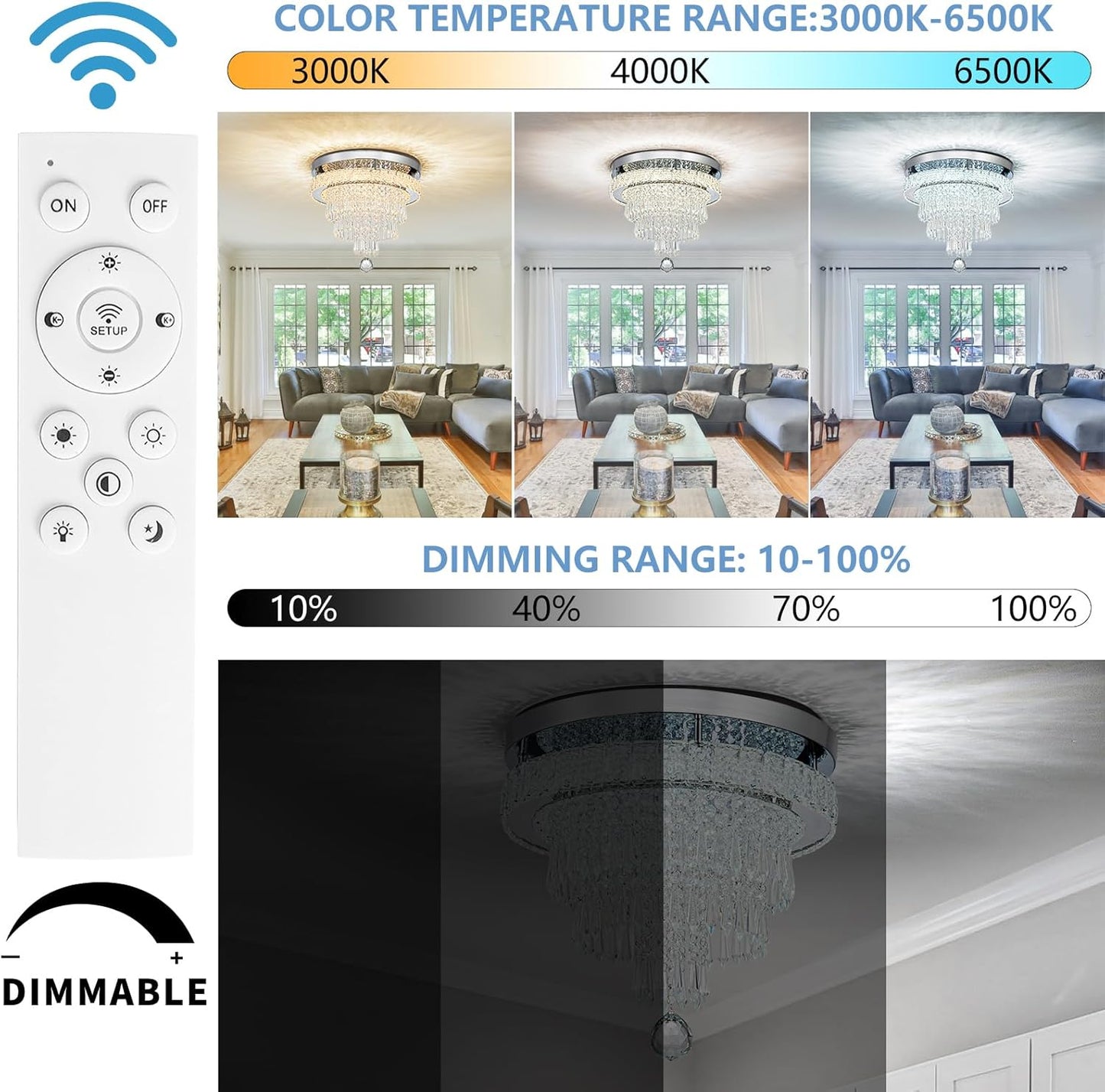 16“ Crystal Chandeliers Round Modern LED Chandelier Light Flush Mount Ceiling Light Fixtures with Remote Control for Bedroom Living Room Dining Room (dimmable)