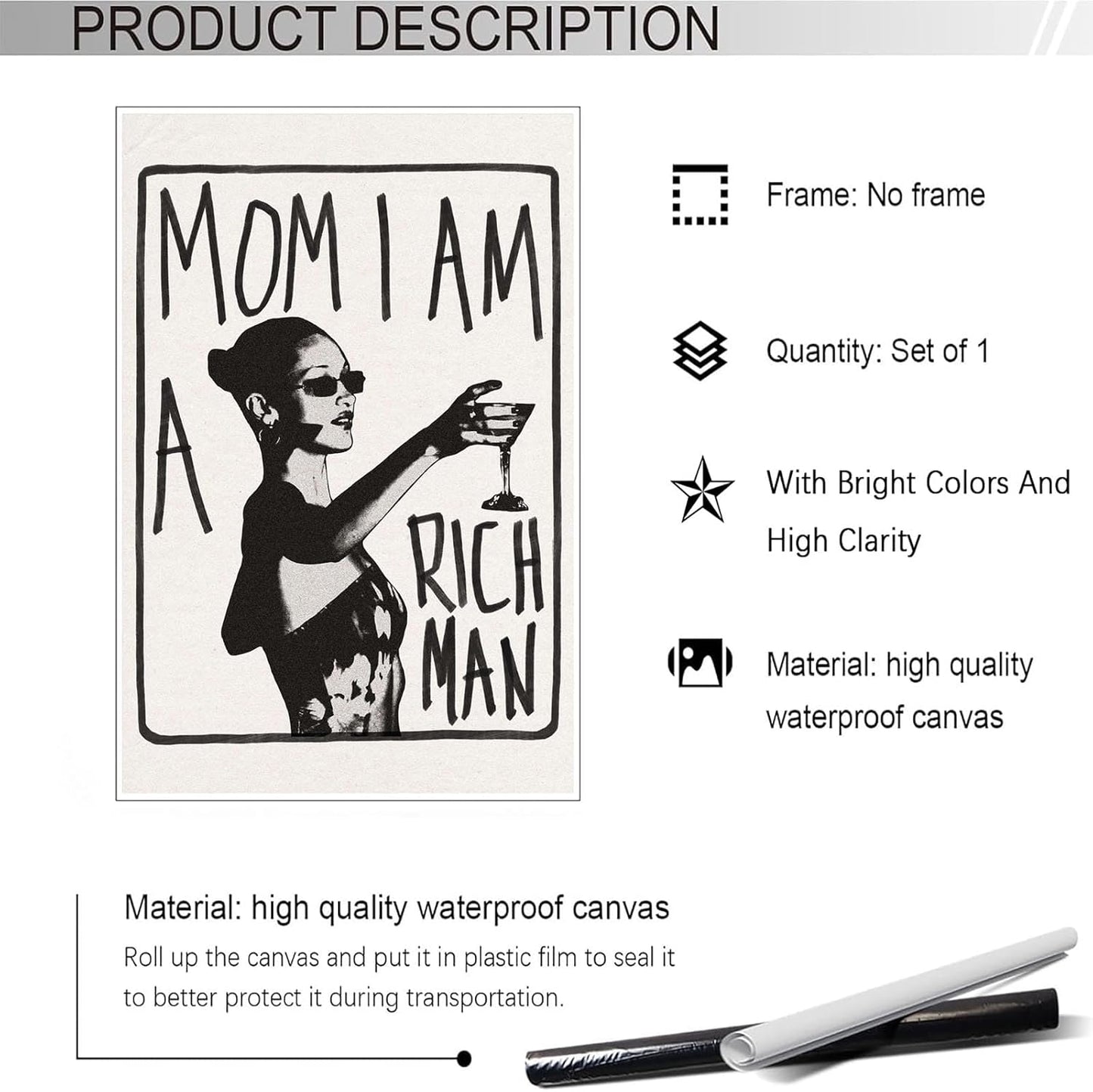 Liyark Mom I Am A Rich Man Aesthetic Retro Music Goblet Poster Feminist canvas Wall Art Vintage Bar Cart Wall Decor Preppy Dorm Decor Unique Wall Art prints painting 24x36in Unframed