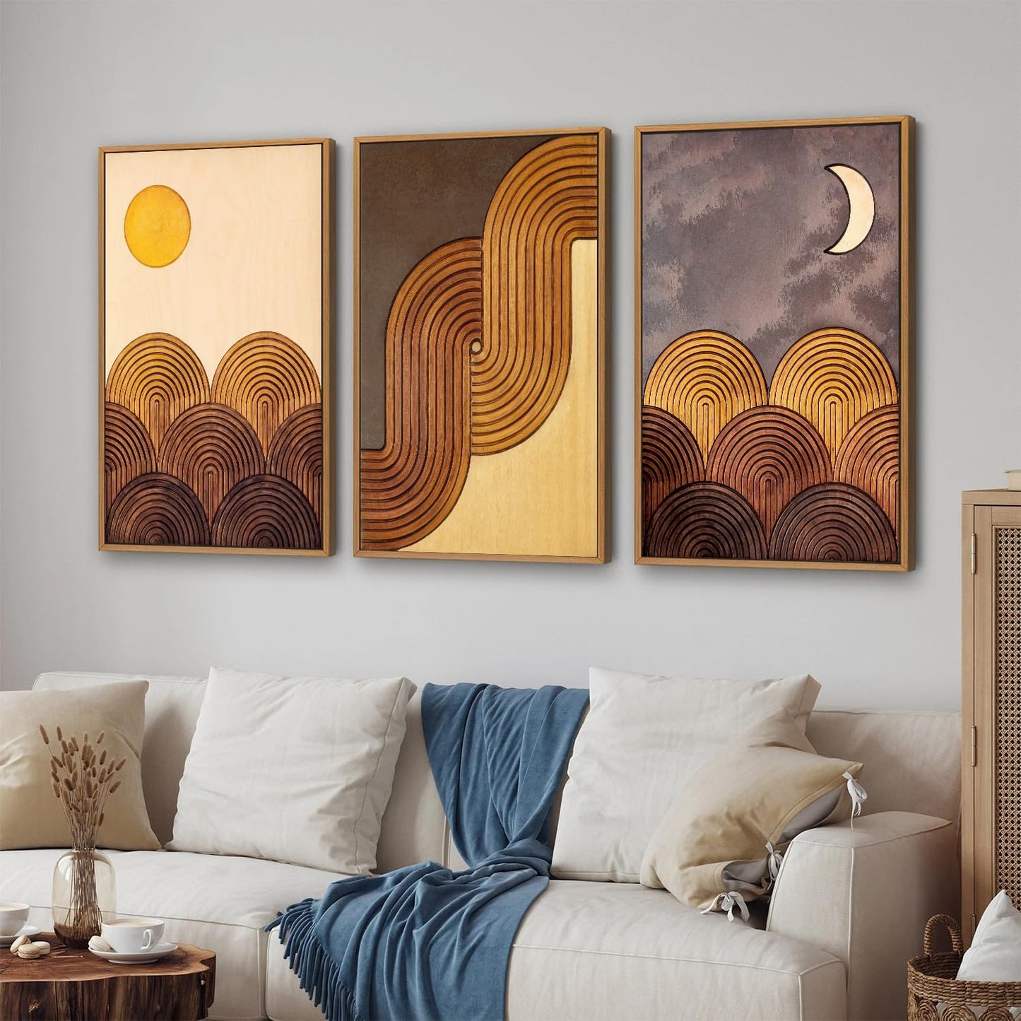 Tinonedraw Boho Mountain Framed Canvas Wall Art Set, Mid Century Modern Geometric Line Wall Decor, Bohemian Sun and Moon Art Paintings, Beige Brown Wooden Artwork for Living Room Bedroom Office 16"x24"x3