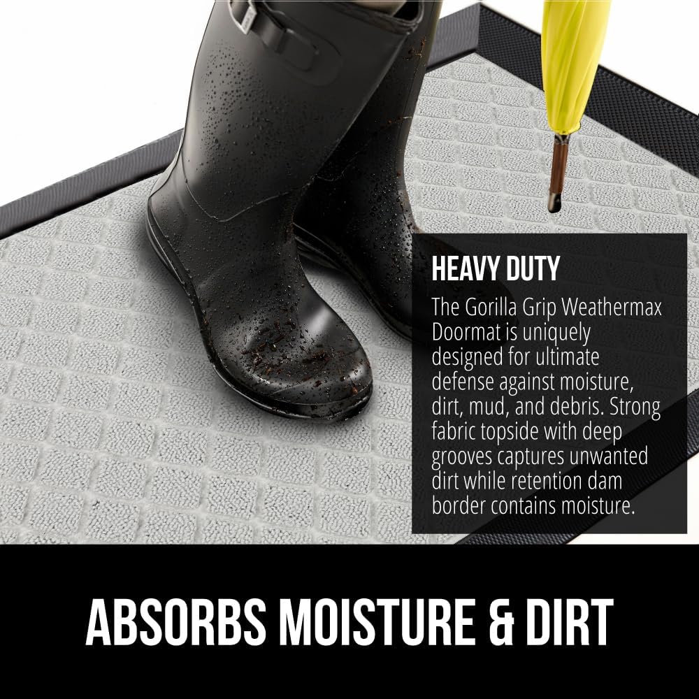 GORILLA GRIP 100% Waterproof All-Season WeatherMax Doormat US Designed Natural Rubber, Stain and Fade Resistant, Low Profile Indoor Outdoor Door Mats, Easy Clean Patio Mat, 17x29, Light Gray