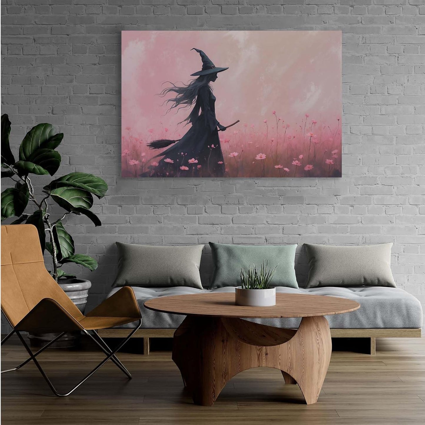 JFHCQJPK Witch in the pink sea of flowers Halloween prints weird flowers wall art silhouette painting fashionable romantic decoration suitable for bedroom8x12in Frameless