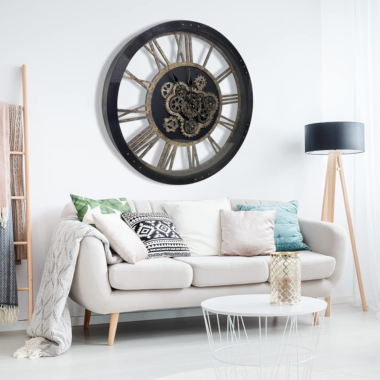 27 inch Large Real Moving Gears Wall Clock with Toughened Glass Cover, Oversized Solid Wood Retro Farmhouse Clock, Giant Decorative Rustic Wall Clock for Living Room Home Kitchen Office (Black)