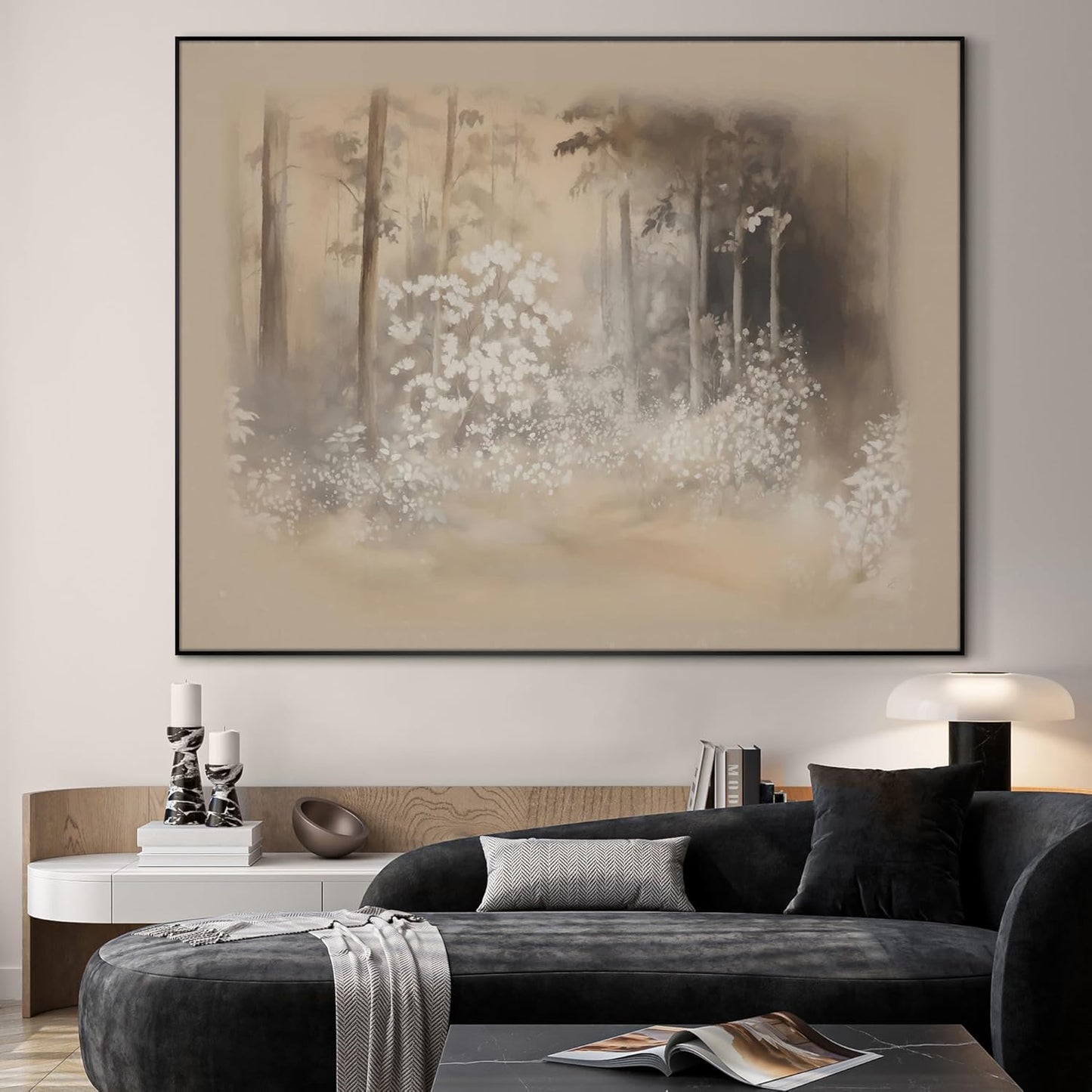 SIGNWIN 36"x46" Extra Large Framed Wall Art Misty Forest in Sepia Tones, Watercolor Woodland Landscape for Home Living Room Bedroom Decor (Frame Assembly Required)