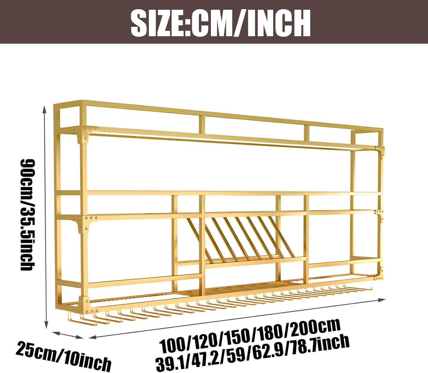 59in Wall Mounted Wine Rack, Wine Rack Wall Mounted With Wine Glass Rack, Metal Bar Bottle Display Shelf Wine Cups Hanging Holder, For Home Bar Cafe Dining Room Decoration (GOLD, 59*10*35.5inch)