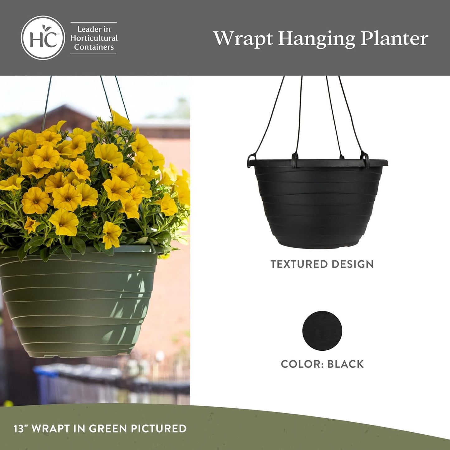 The HC Companies Wrapt Hanging Planters - Lightweight Plant Pot Hanger for Hanging Plants, Vegetables & Herbs - Outdoor & Indoor Hanging Basket for Plants (11" Black, Pack of 2)