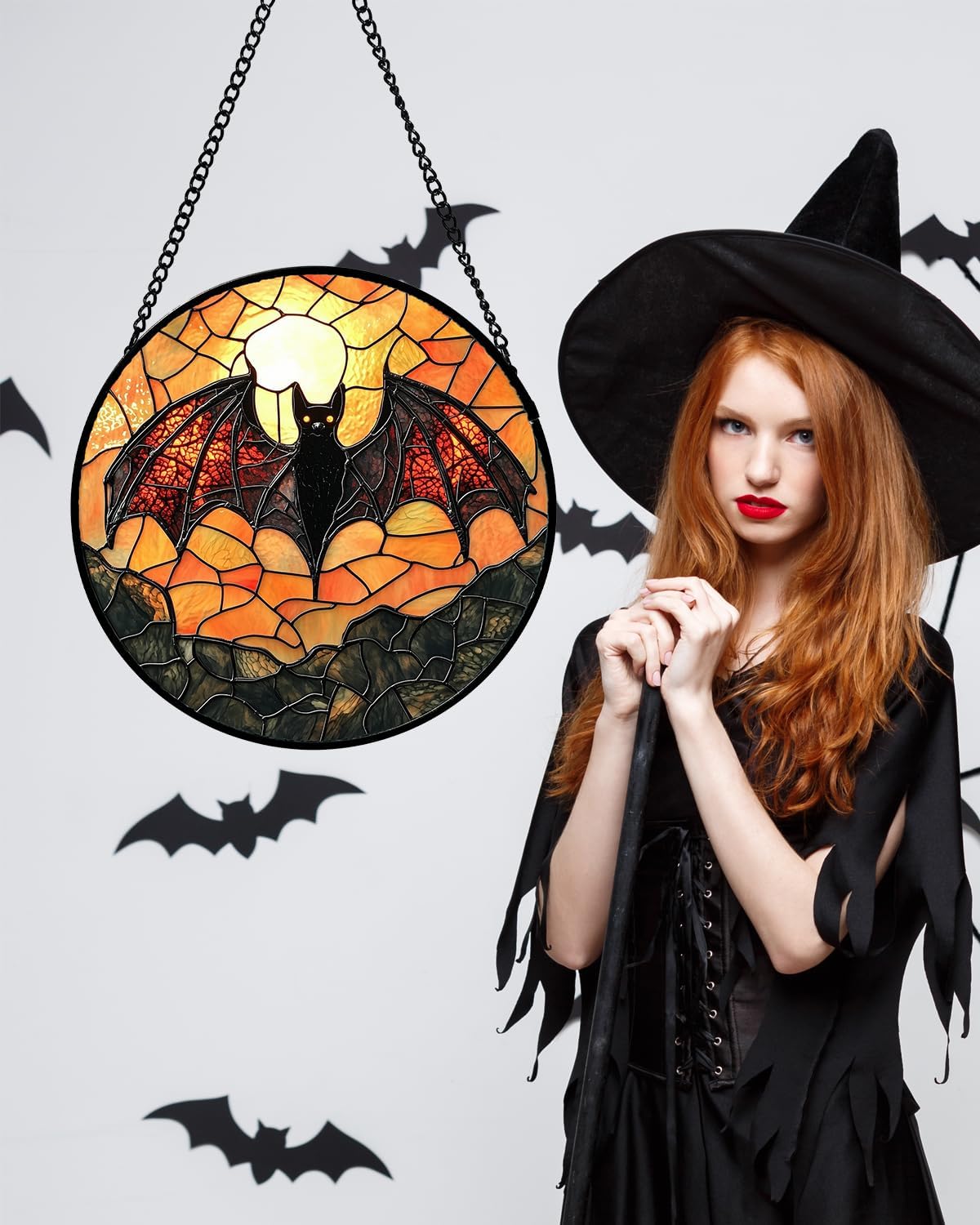 Stained Glass Window Hanging, Black Bat Sun Catcher for Door Home Decor Animal Suncatcher Christmas Mother's Day Birthday Gifts for Women Men Mom and Nana 6.3 in
