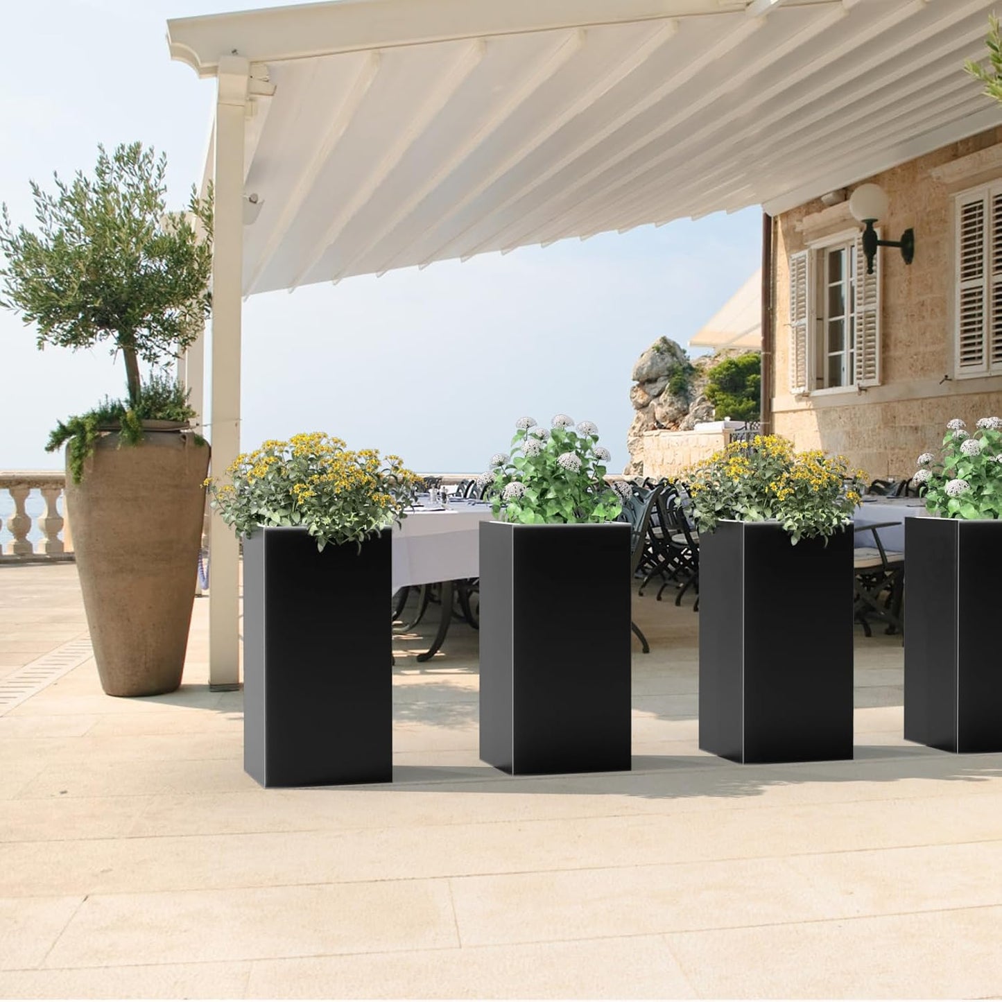 Tall Metal Cube Planter for Outdoor Plants 15" L x 15" W x 30" H, Heavy Duty Steel Planter Box with Removable Insert Shelf, Rectangular Planters for Porch, Garden, Yard, Hotel (Black)