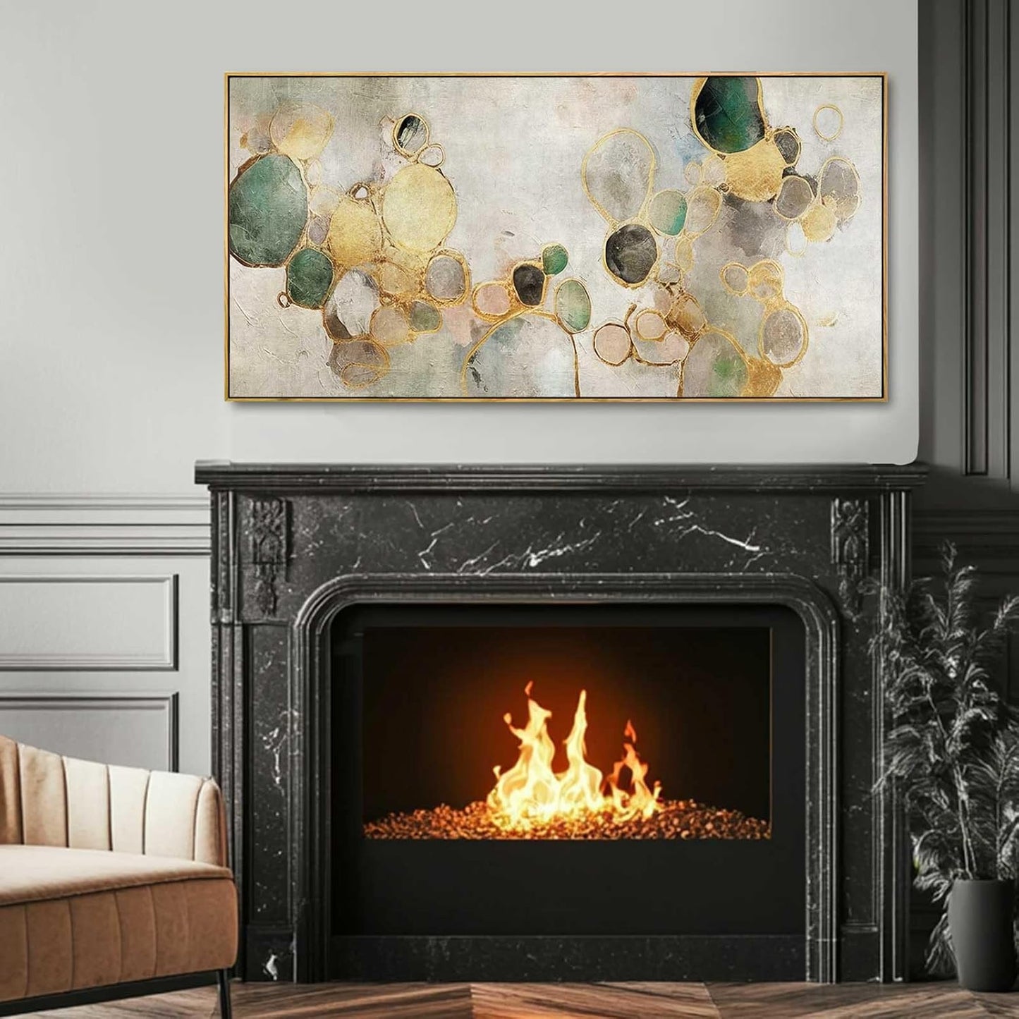 Gold Circle Modern Artwork Framed Abstract Wall Art Green Canvas Decor 24"x48" Wall Decorations for Bedroom Living Room Kitchen