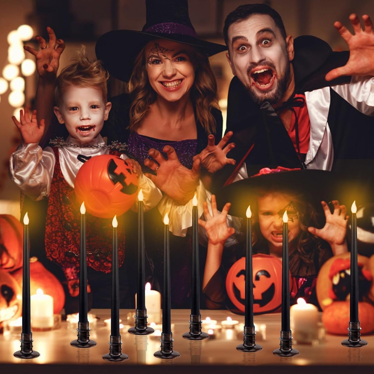 Alphatool 24 Pcs Halloween Black LED Flameless Candles with Bases - Flicker Flame, Tall Taper Smokeless Dripless Candles, Decor for Fireplace Diningtable Bar School