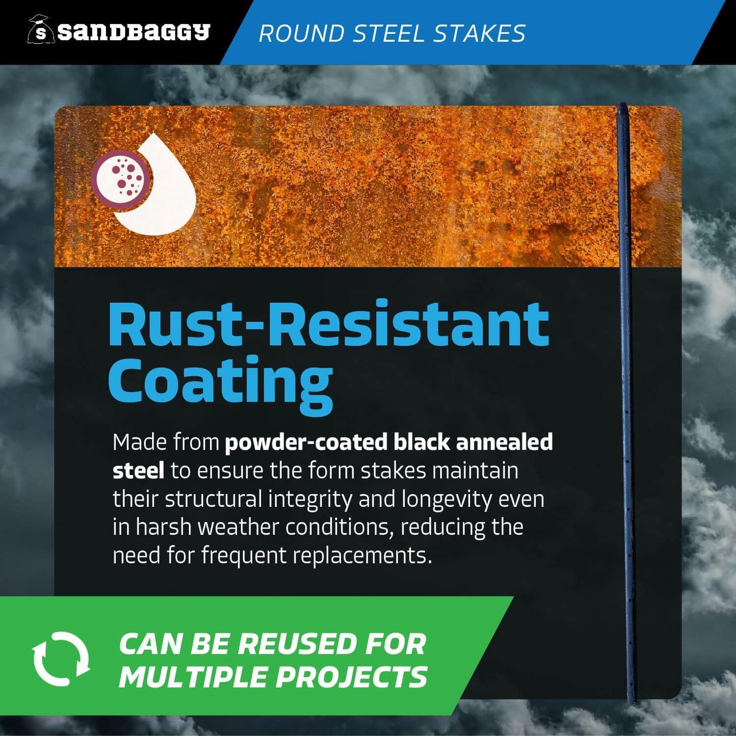 Sandbaggy Round Steel Concrete Form Stakes with Nail Holes - Rust Resistant Coating - Removable, Reusable (10, 3/4 in X 36 in)