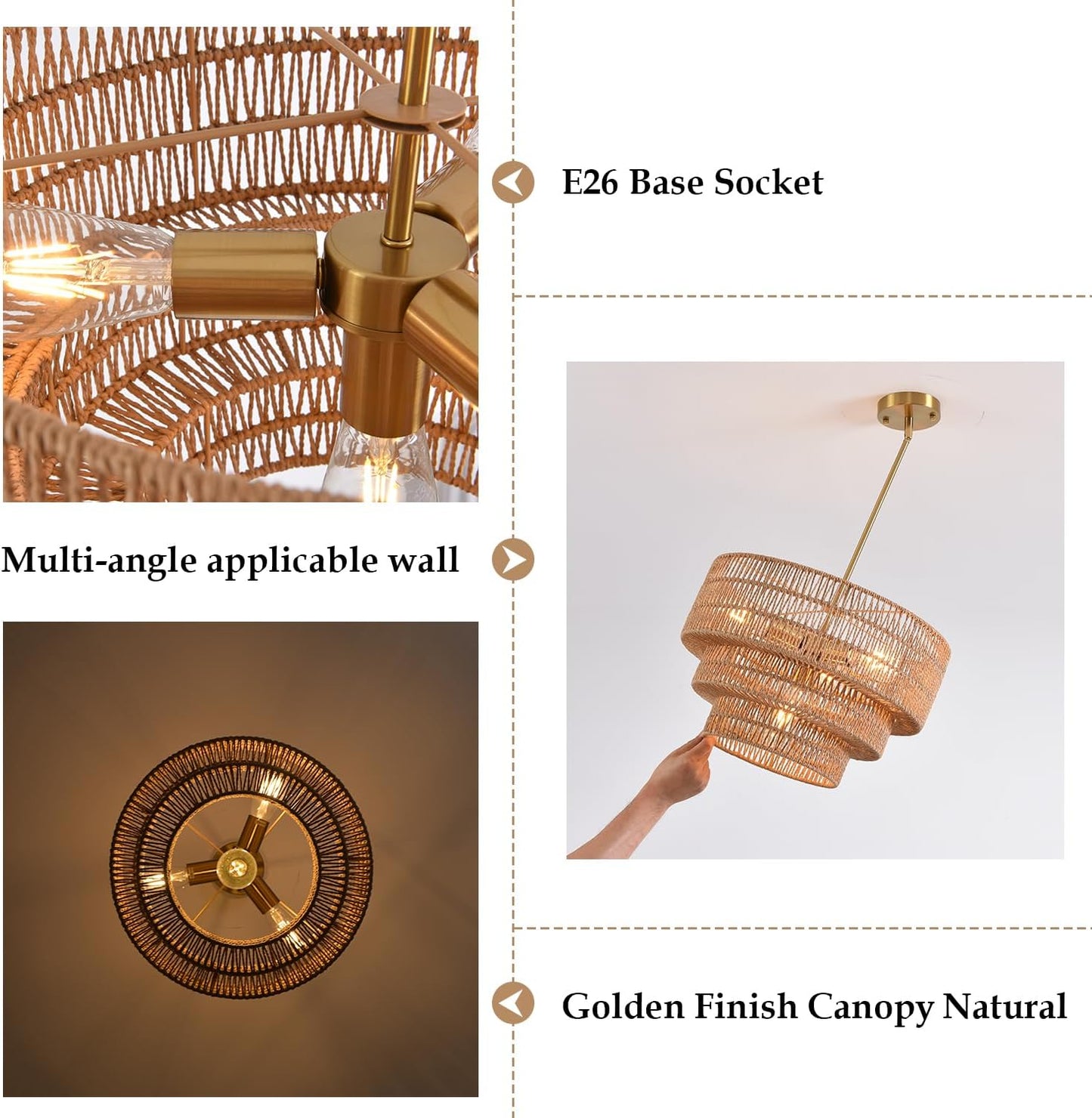 4-Light Boho Rattan Chandelier Light Fixture 17.7" 3-Tier Farmhouse Boho Chandelier Hand Woven Rattan Pendant Light Rustic