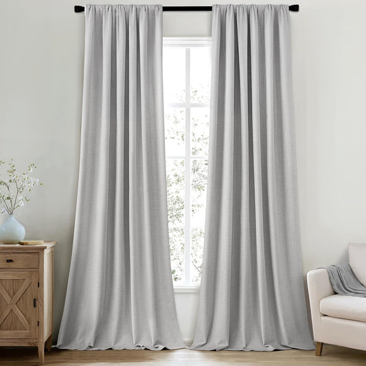 MIULEE 100% Blackout Curtains 108 Inch Long 2 Panels Set for Bedroom, Thick Luxury Faux Linen Black Out Curtain Room Darkening Back Tab Pleat Window Textured Drapes with Hooks for Living Room, Grey