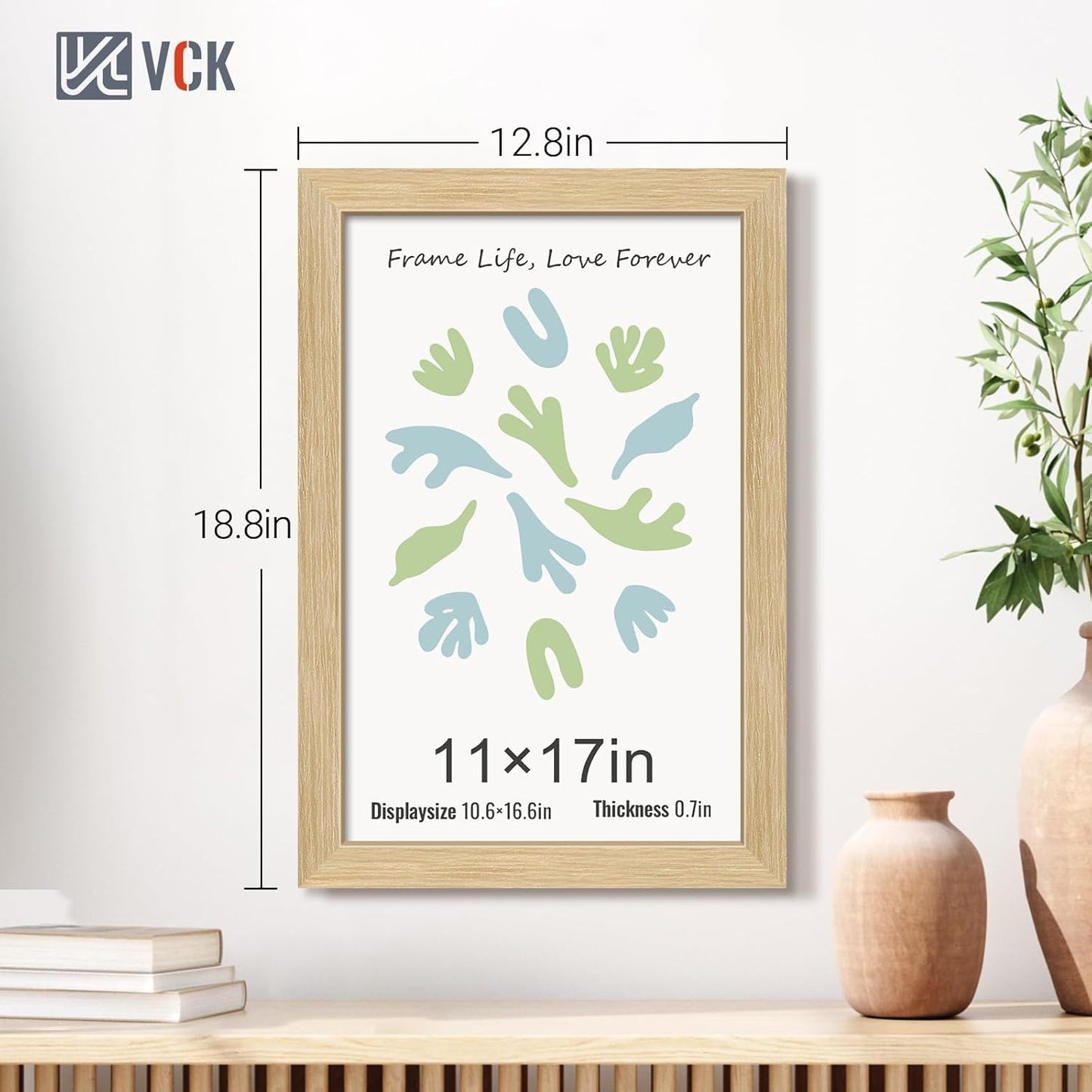 VCK 11x17 Picture Frame 3 Pack - Oak, Natural Solid Wood Poster Frames, Wall Gallery Frame