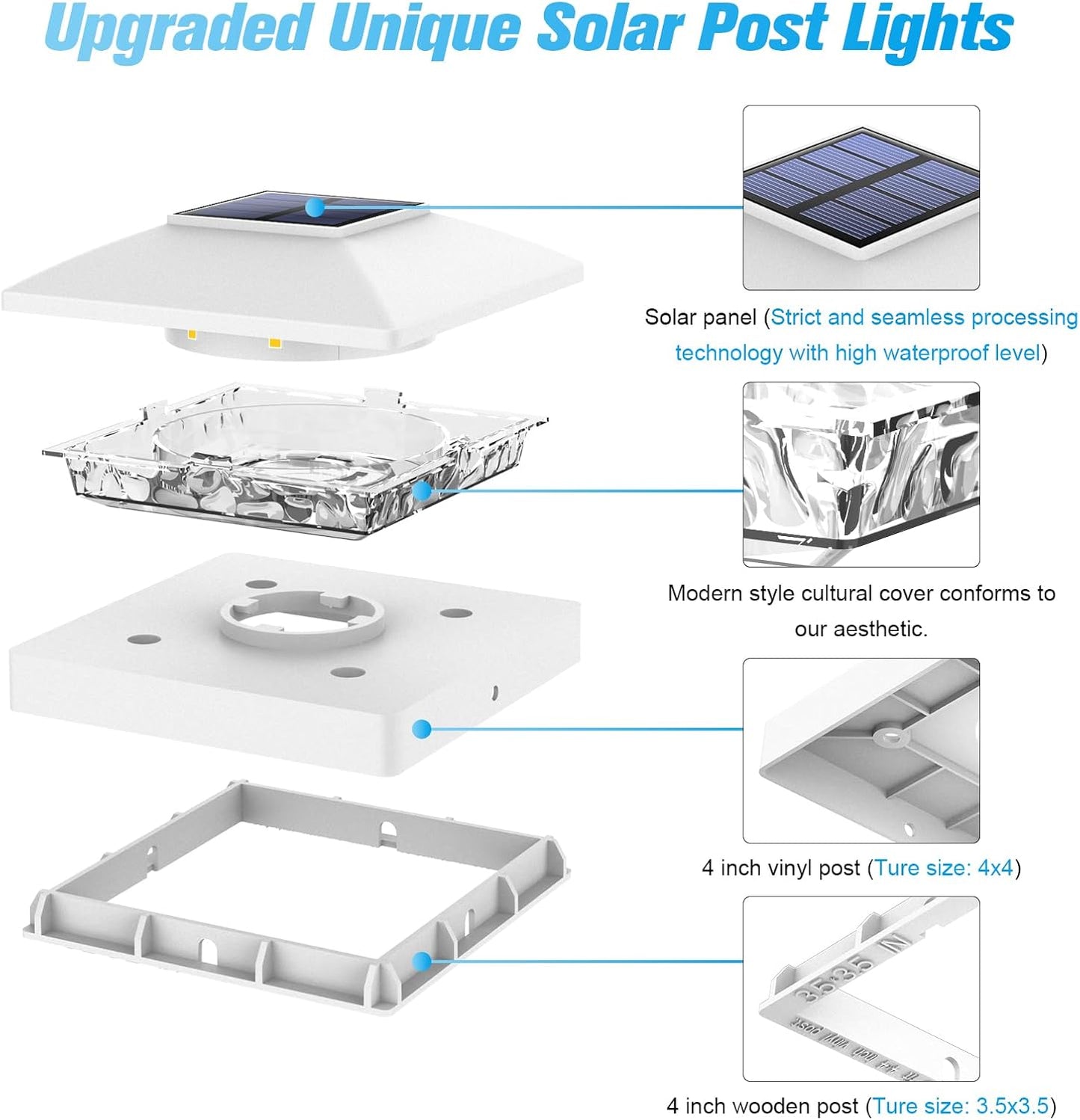 VOLISUN 4x4 Solar Post Cap Light 8pack,Solar Fence - Post Lights Outdoor Waterproof for Wooden/Vinyl Deck Post, White Light Solar Powered with Warm White