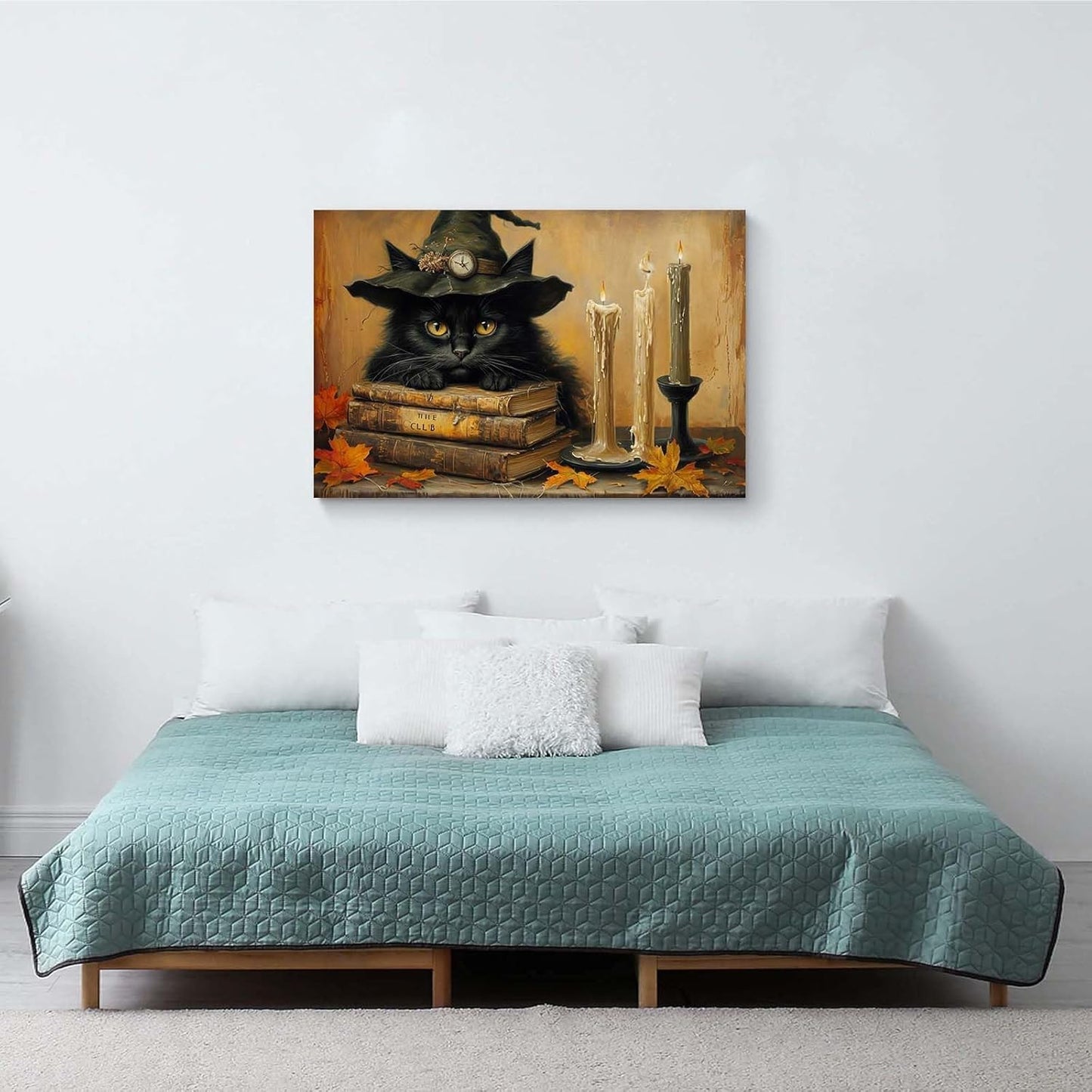 Vintage Halloween wall decoration black cat and magic book suitable for home bedroom living room decoration dark classic art witch wall decoration24x36in Wood Framed