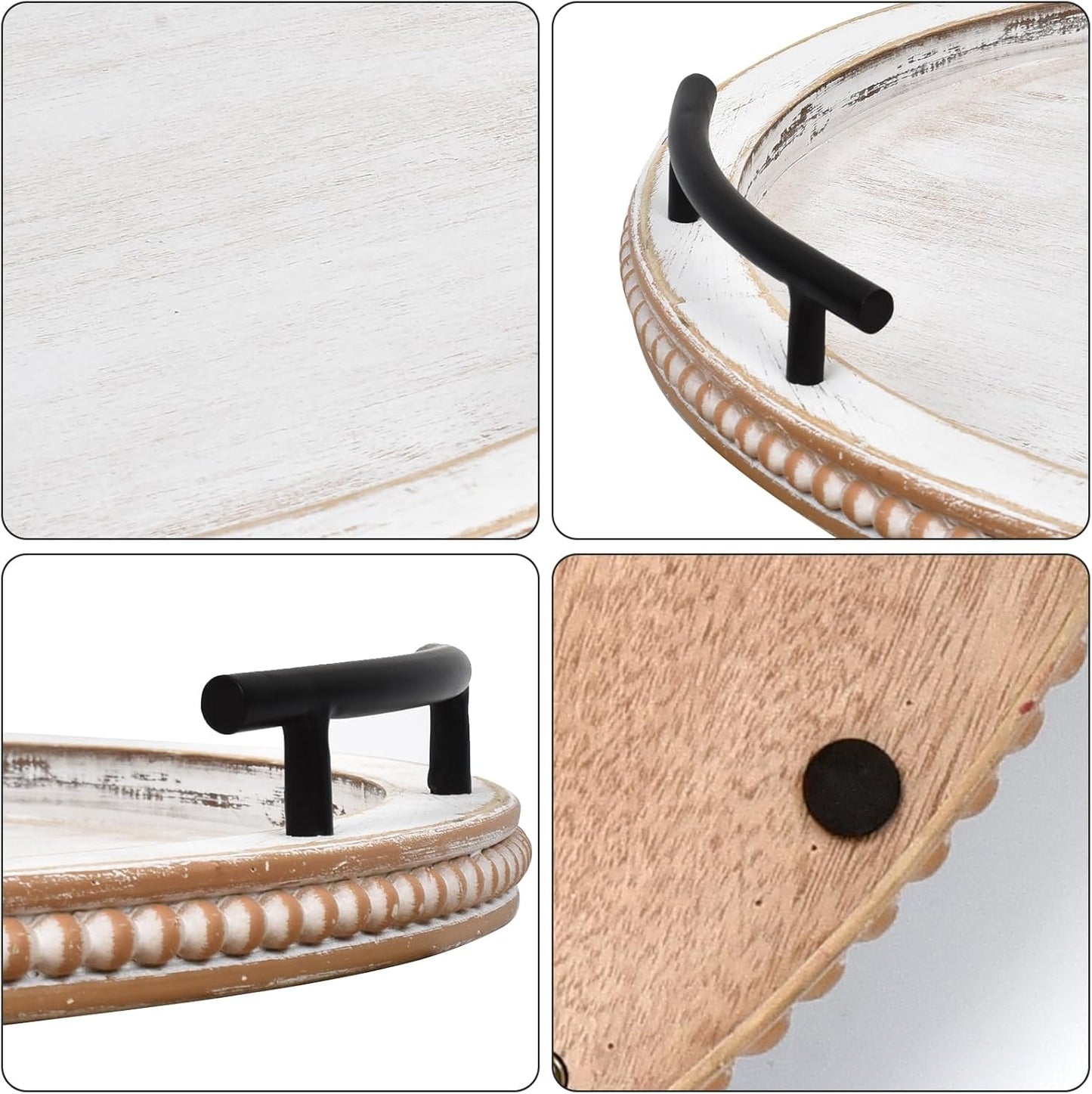 SwallowLiving 18Inch White Wooden Beaded Serving Tray with Handle Decorative Rustic Whitewashed Tray for Coffee Table Farmhouse Round Tray for Kitchen, Living Room and Bedroom