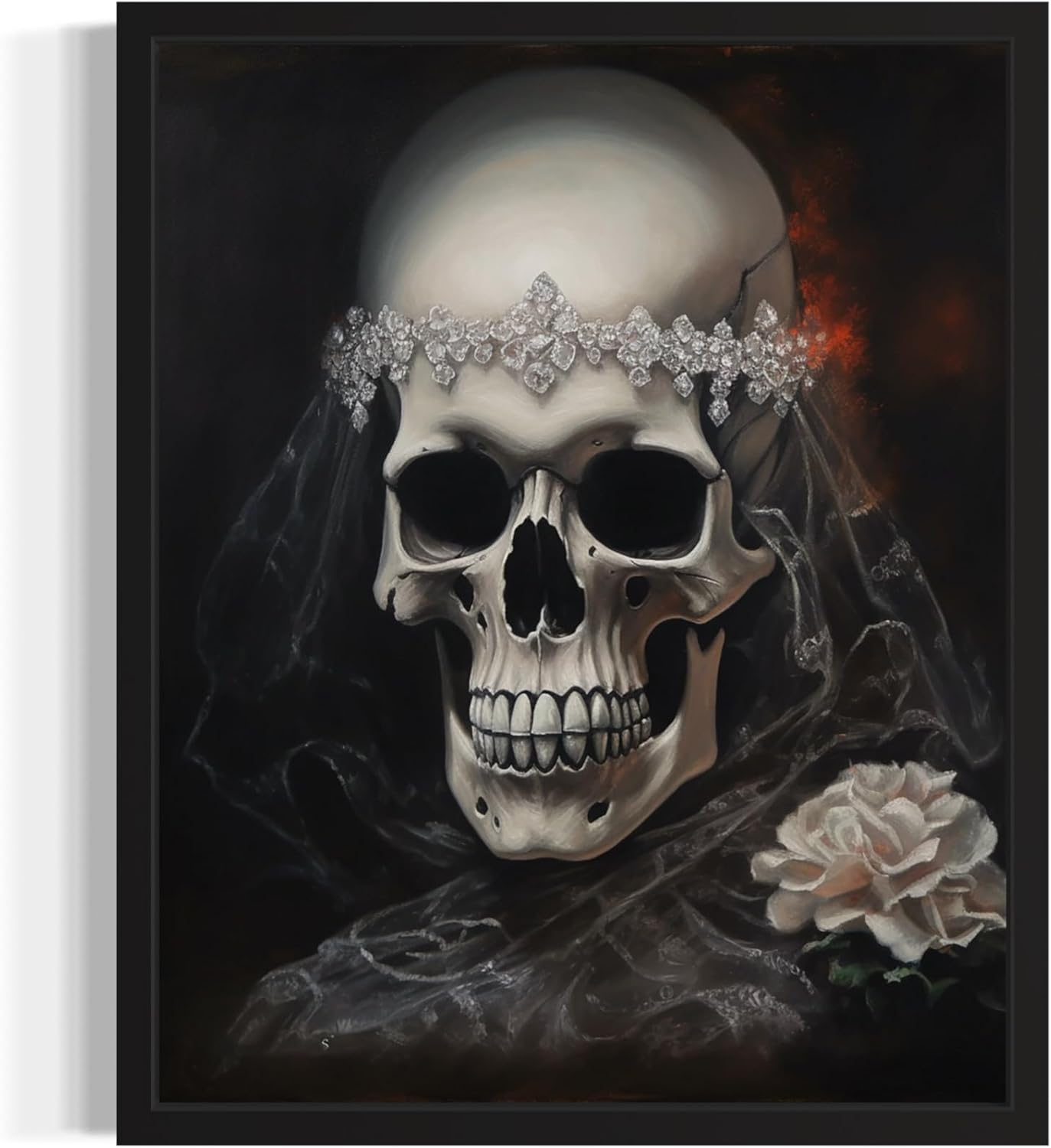 Skull Bride Poster Art Print, Halloween Scary Vintage Wall Art Academia Spooky Painting Decoration for Horror Prints, Gothic Posters Bedroom Decor 89 (Skull Bride, 8 x 10 inches, Black Frame)