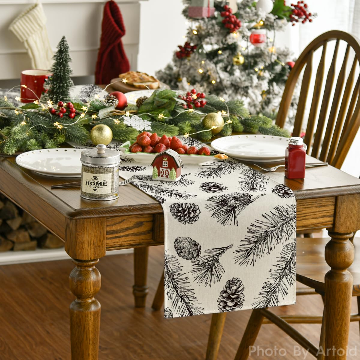 Seasonal Fir and Pine Cone Christmas Table Runner - Winter Leaves Holiday Dining Decor (Available in 4 Sizes)