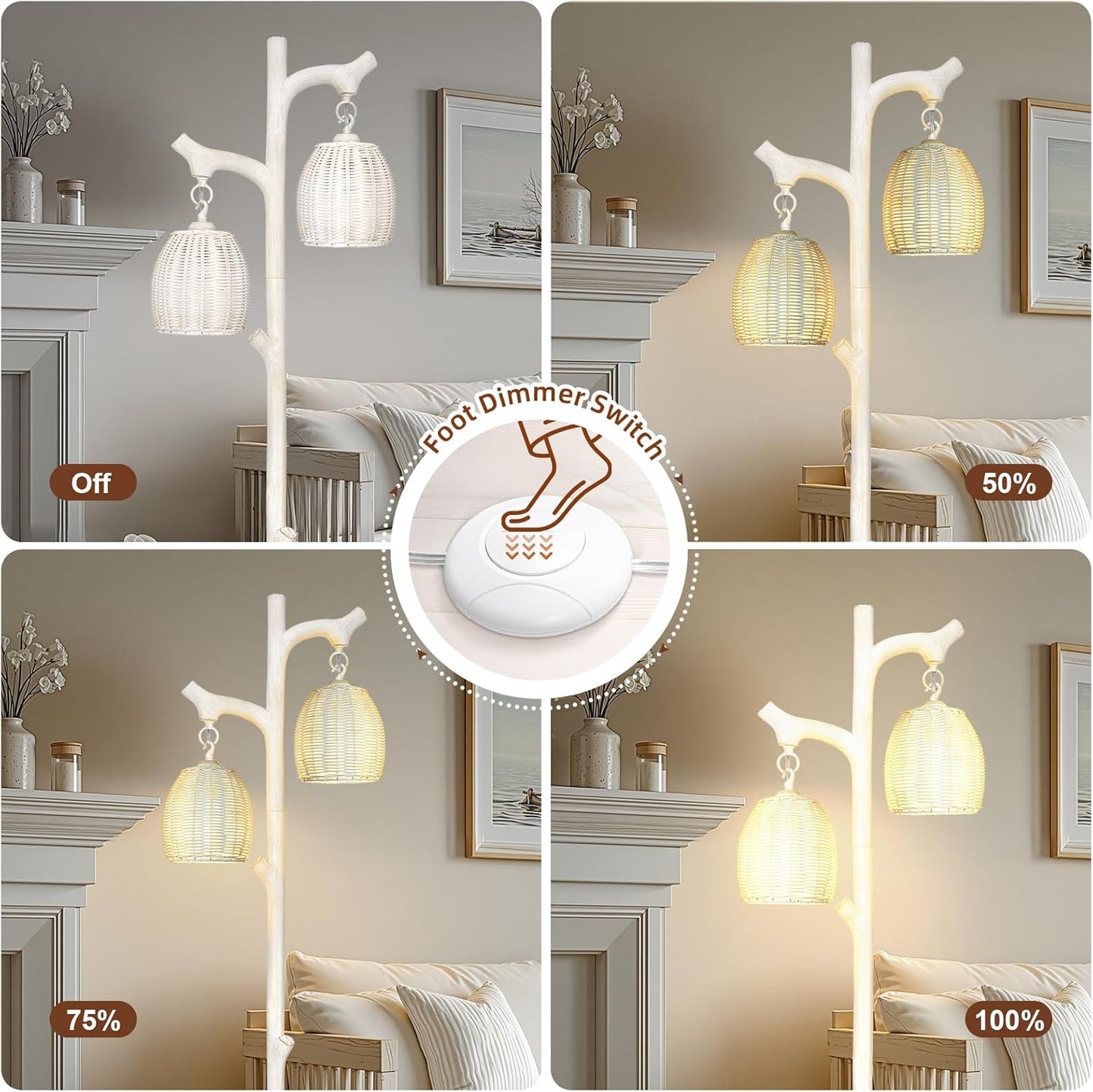 Scenekoy Rustic 68” Tall Floor Lamp with Rattan Shade, Retro Standing Lamp Tree Trunk Washed White Finish & Resin Body, Dimmable Corner Lamp with Bulb Prefer for Living Room Bedroom Home Decor