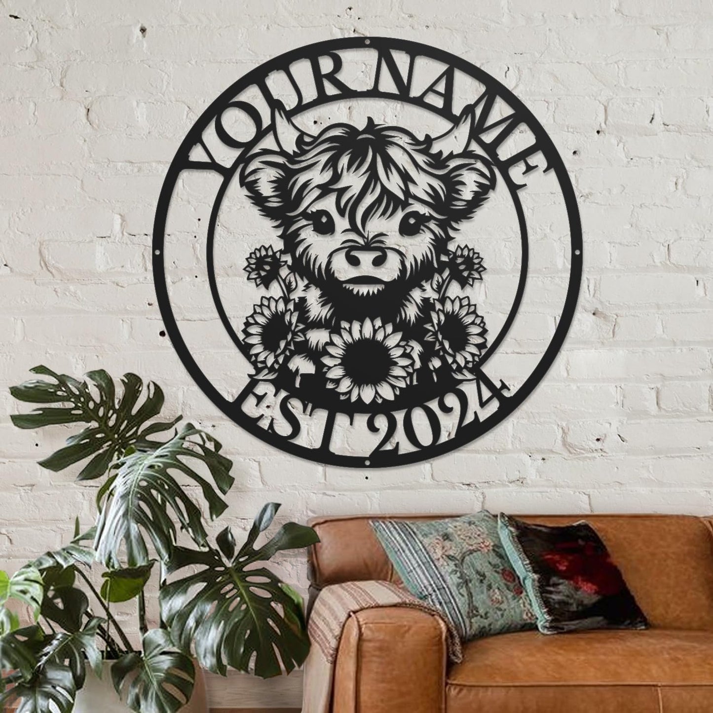 Personalized Highland Cow Name metal Signs,Custom Highland Cow Metal Shed Wall Decor,Black Metal Wall Art Plaques Outdoor wall Decorative Signage (Style E)