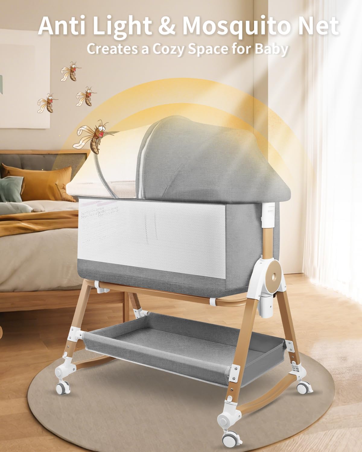 4 in 1 Baby Bassinet, Bassinets Bedside Sleeper with Wheels and Storage Basket, Adjustable 7 Heights Bedside Sleeper with Mosquito Net, Breathable Mesh Rocking Bassinet for Baby (Grey)