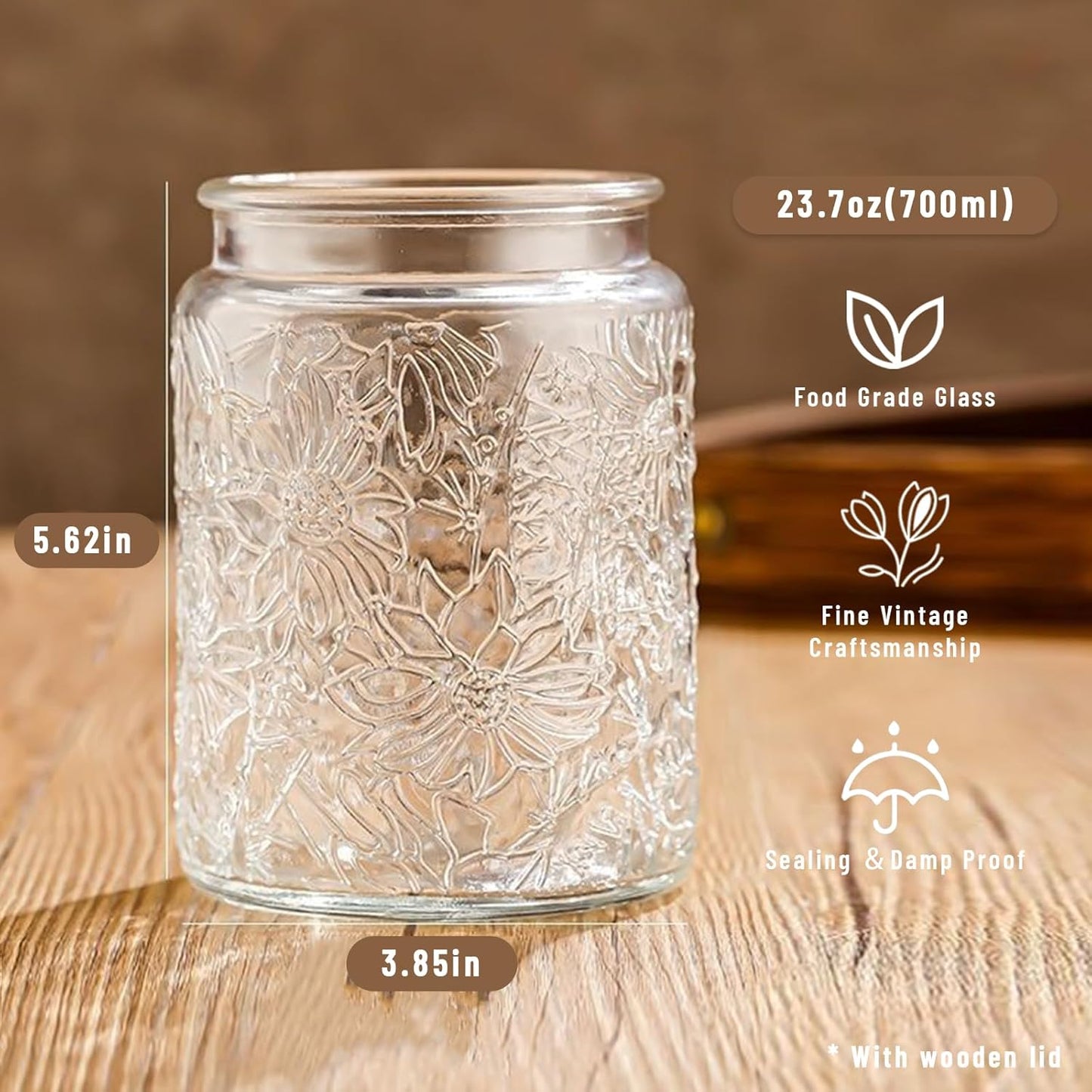 Vintage Glass Jars with Wooden Lids, 2 Pack 24 oz Airtight Glass Food Storage Containers Sets for the Kitchen, Sugar Coffee Candy Spice Cookie Tea Pasta