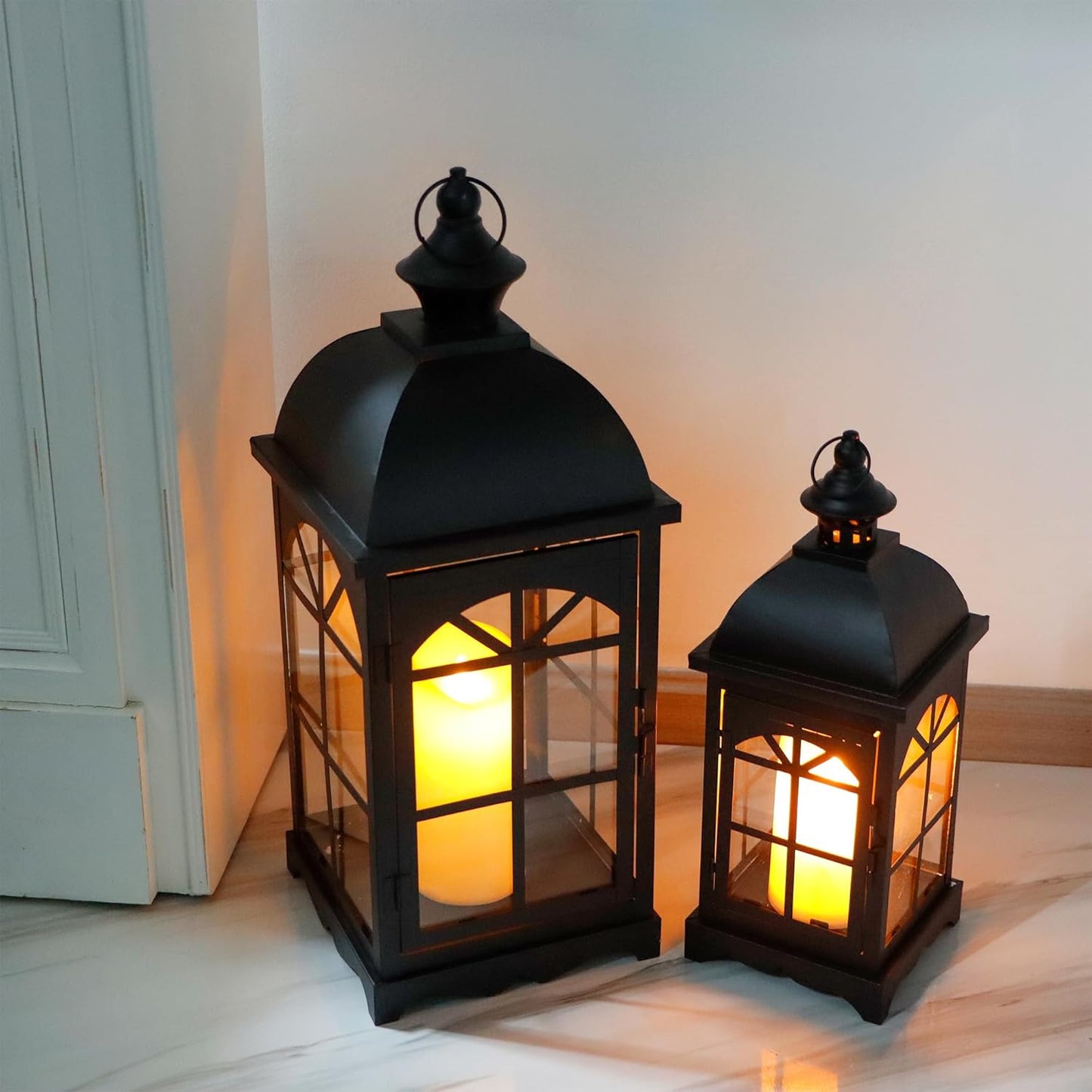 TRIROCKS Set of 2 Decorative Vintage Candle Lanterns 14.5"&20" H Farmhouse Outdoor Hanging Lanterns with Tempered Glass for Porch, Balcony, Patio, Home, Centerpieces, Indoor, Outdoor(Black)