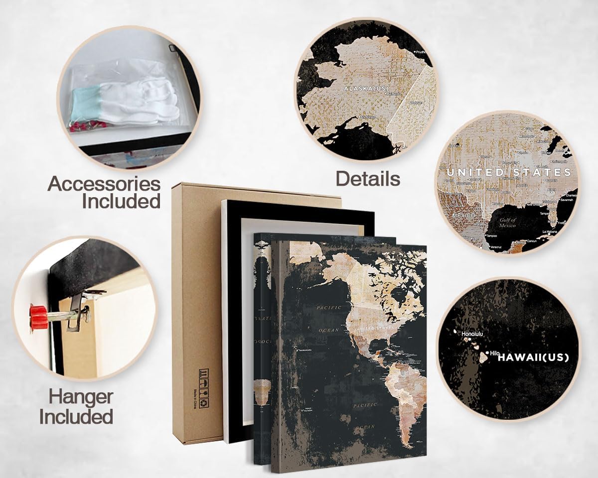 Living Room Wall Art Vintage Home Office Decor Extra Large Bedroom Wall Decor Black Pictures for Wall Decorations Map Paintings