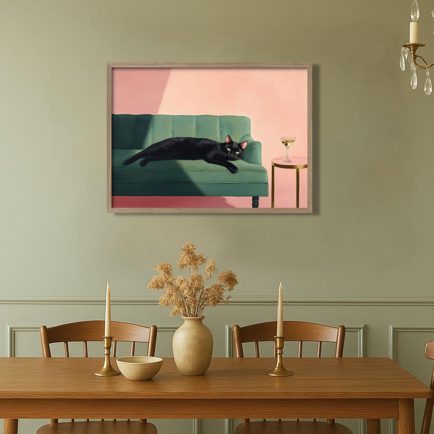 Wood framed black cat wall art modern style canvas print lazy black cat poster picture decoration painting gallery style artwork suitable for living room bedroom decoration 16x24 inch