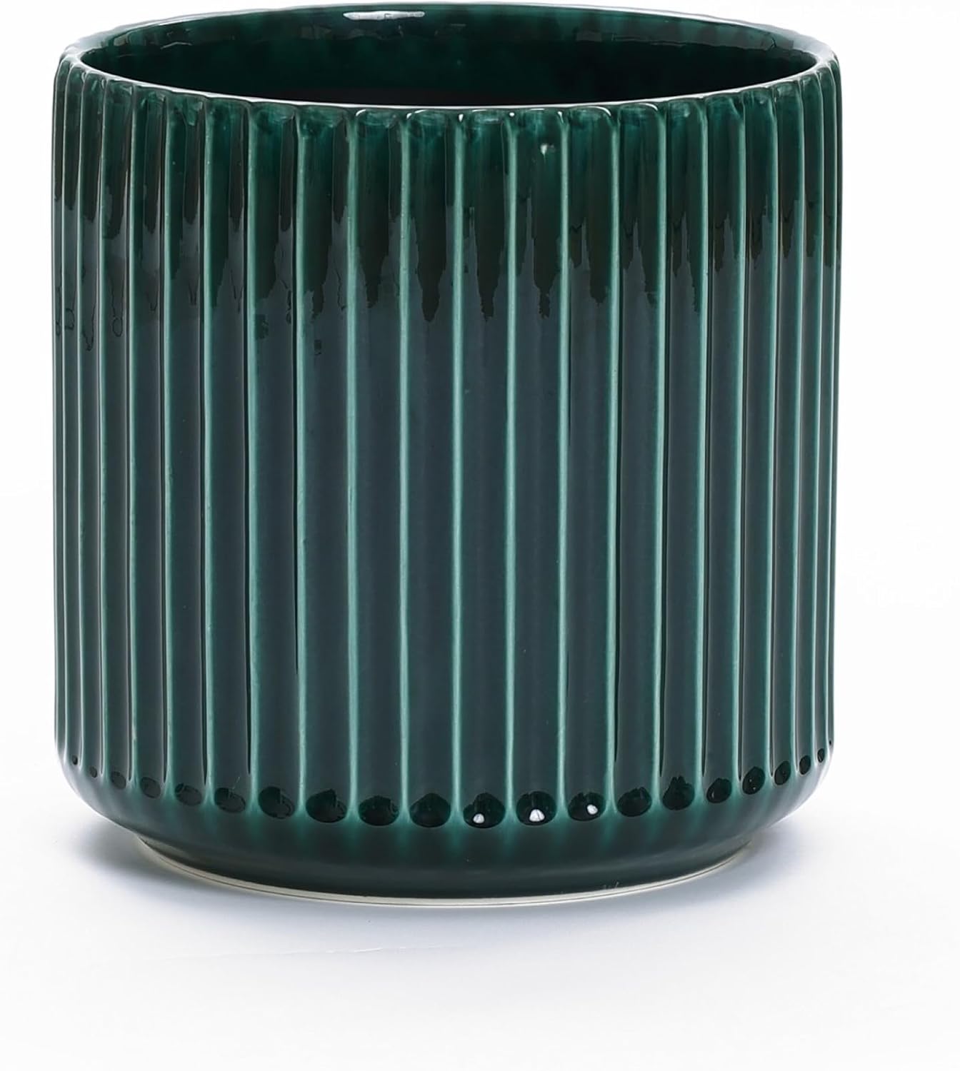 LuxenHome 13.5" Dia Round Ceramic Plant Pots, Large Indoor Outdoor Decorative Planters with Drainage Holes and Rubber Plug, Modern Jade Green Glazed Ribbed Flower Pots Planters for Home Garden Patio