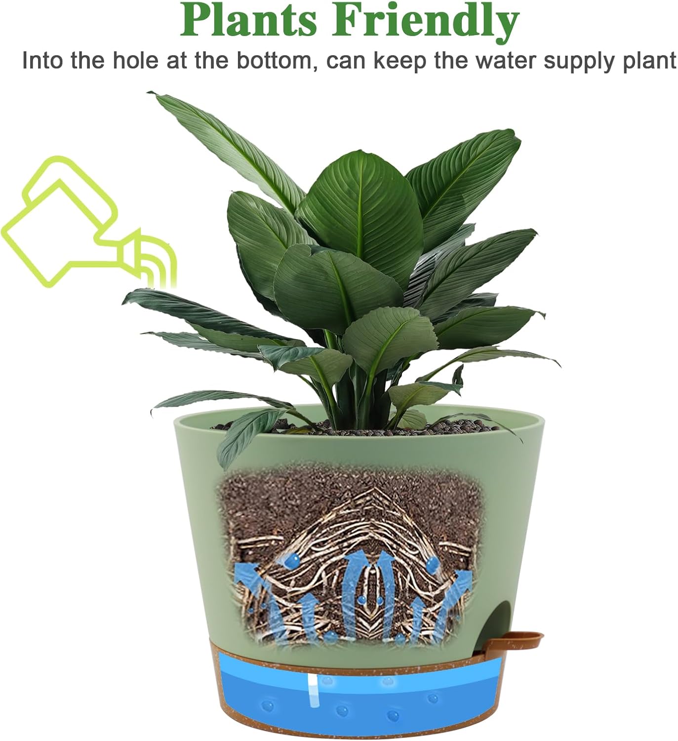 Self Watering Pots for Indoor Plants,12 inch Planters with Drainage Holes Plastic Flower Pots with Deep Reservoir, Green with Brown