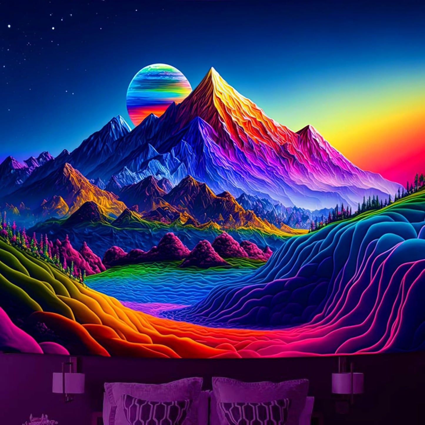 SparkLia Sunset Mountain Tapestry, Blacklight Colorful Forest Lake UV Reactive Tapestry, Neon Glow in the Dark Starry Stars Nature Landscape Wall Hanging Tapestries for Bedroom - 51.2" x 59.1"