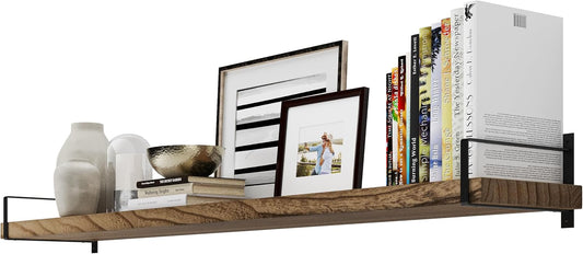 Wallniture Toledo 60 inch Floating Shelf with Heavy Duty Bookend Brackets, Wooden Shelves for Wall, 1pc, Burnt Finish