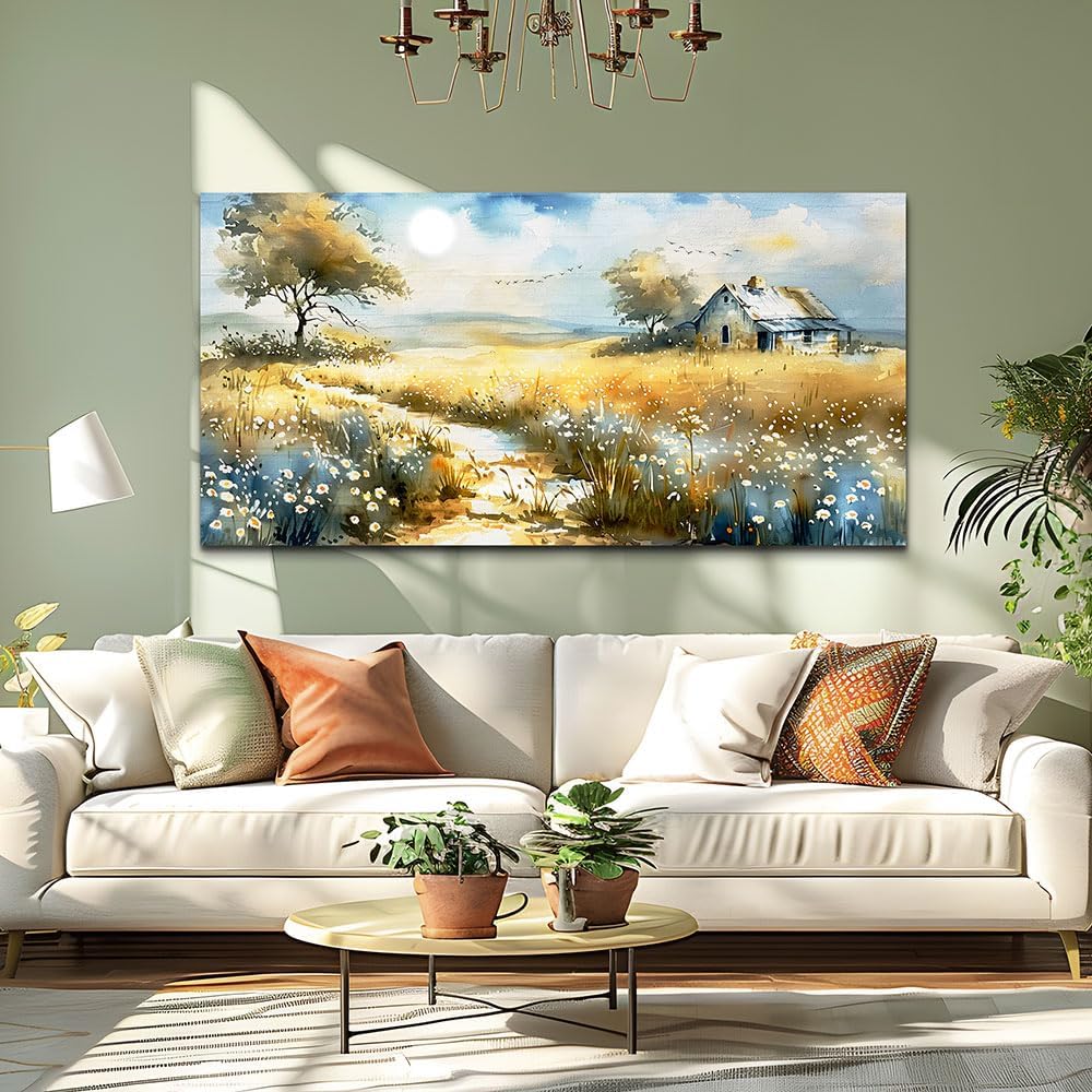 KELIYUAN Vintage Wildflower Field Landscape Painting Wall Art For Dining Room Kitchen Art Print Country Field Mural Wall Decoration For Farmhouse And Living Room Bedroom Home Decoration 20x40 In