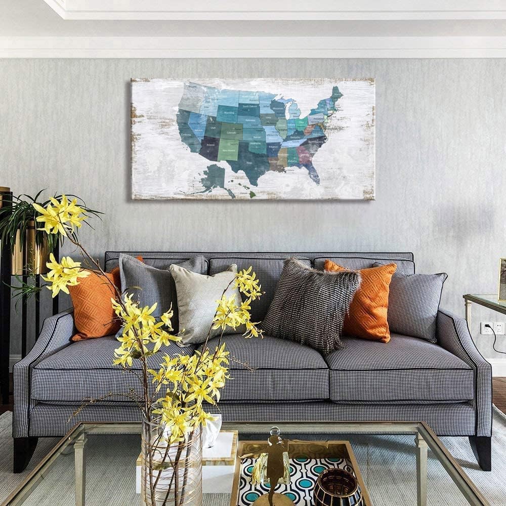 Map of The United States Wall Decor Map Canvas Wall Art for Wall Decoration Wood Background USA Canvas Prints for Bedroom Office Kitchen Home Wall Decor Framed Artwork Ready to Hang20 x40