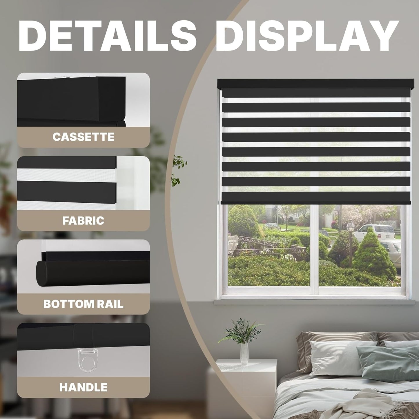 HESTIA Cordless Zebra Blinds Light Filtering Roller Shades UV Blocking Blackout Privacy Indoor Window Shades for Home Office Day and Night, Black,46" W x 48" H